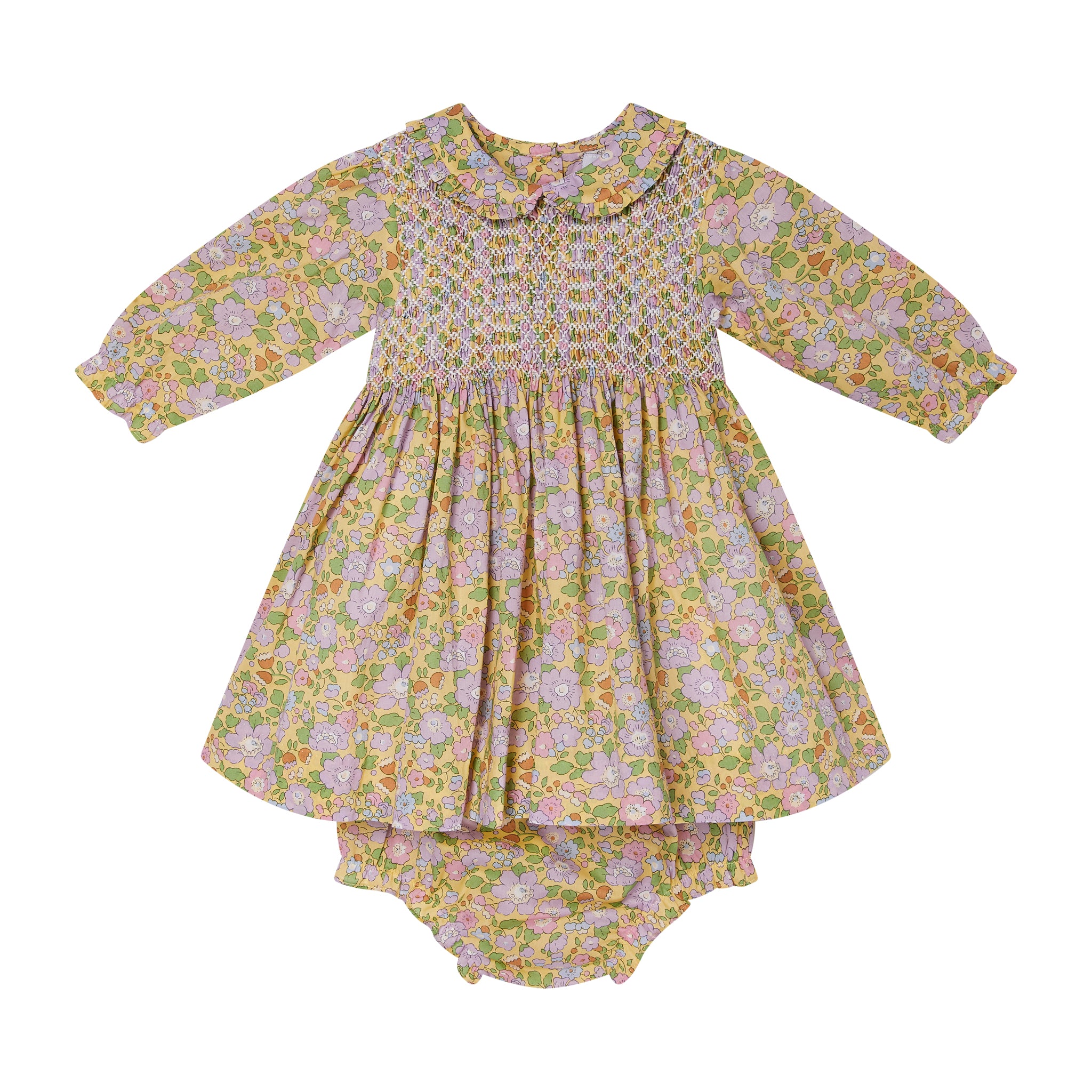 yellow floral hand-smocked baby dress  with bloomers, made from Liberty Fabric, front