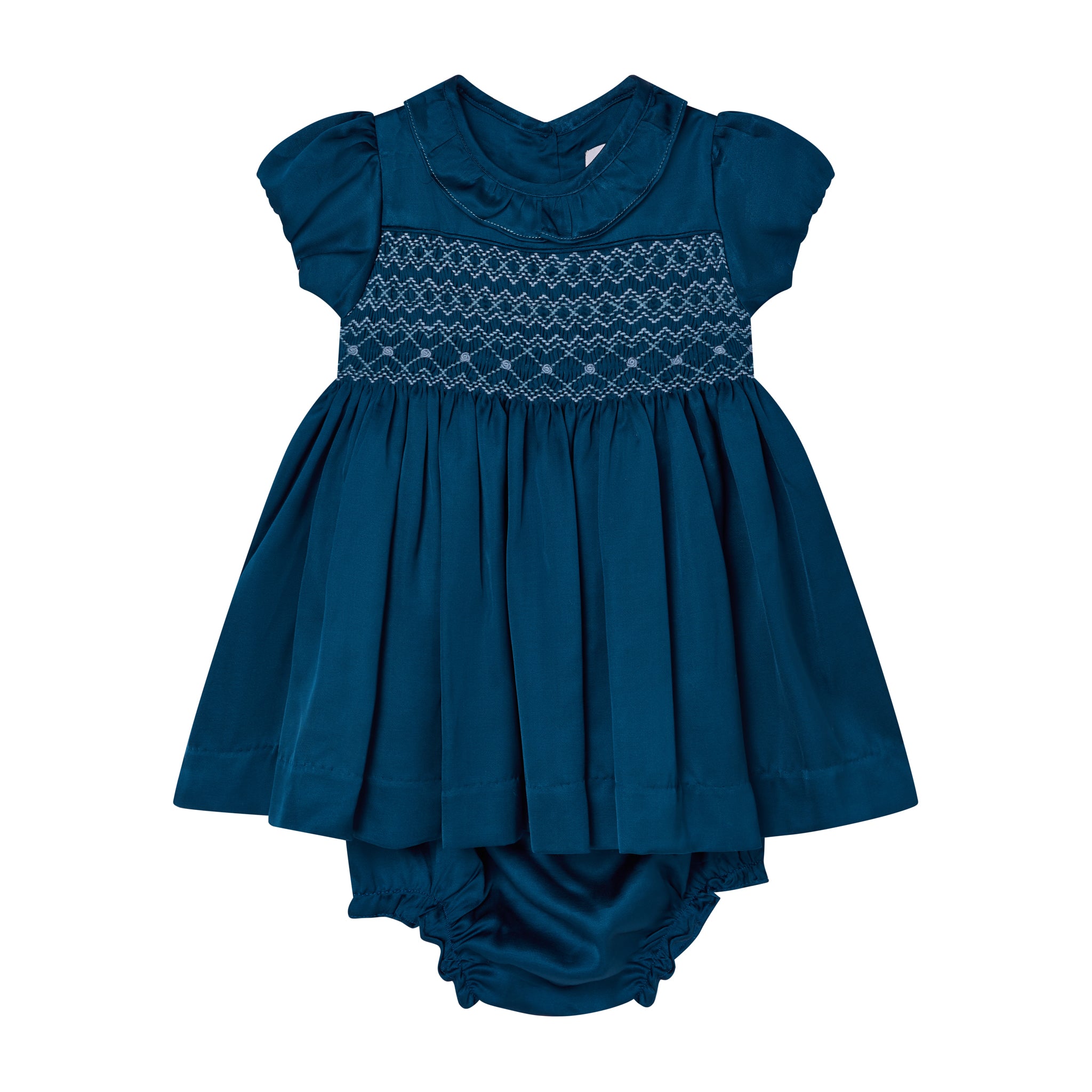 Hand-smocked navy satin party dress with bloomers, front