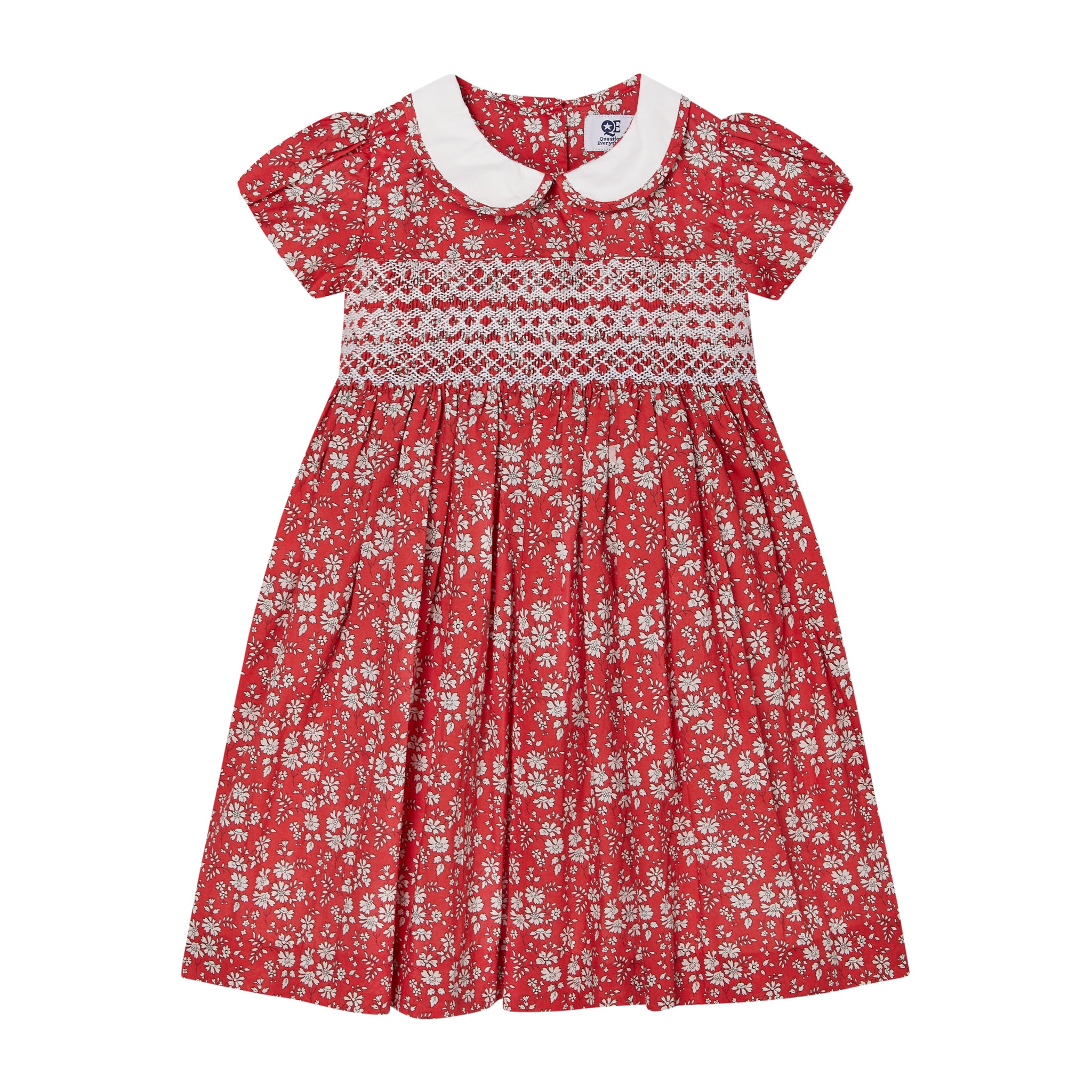 red and white floral hand-smocked dress made form Liberty Fabric, front