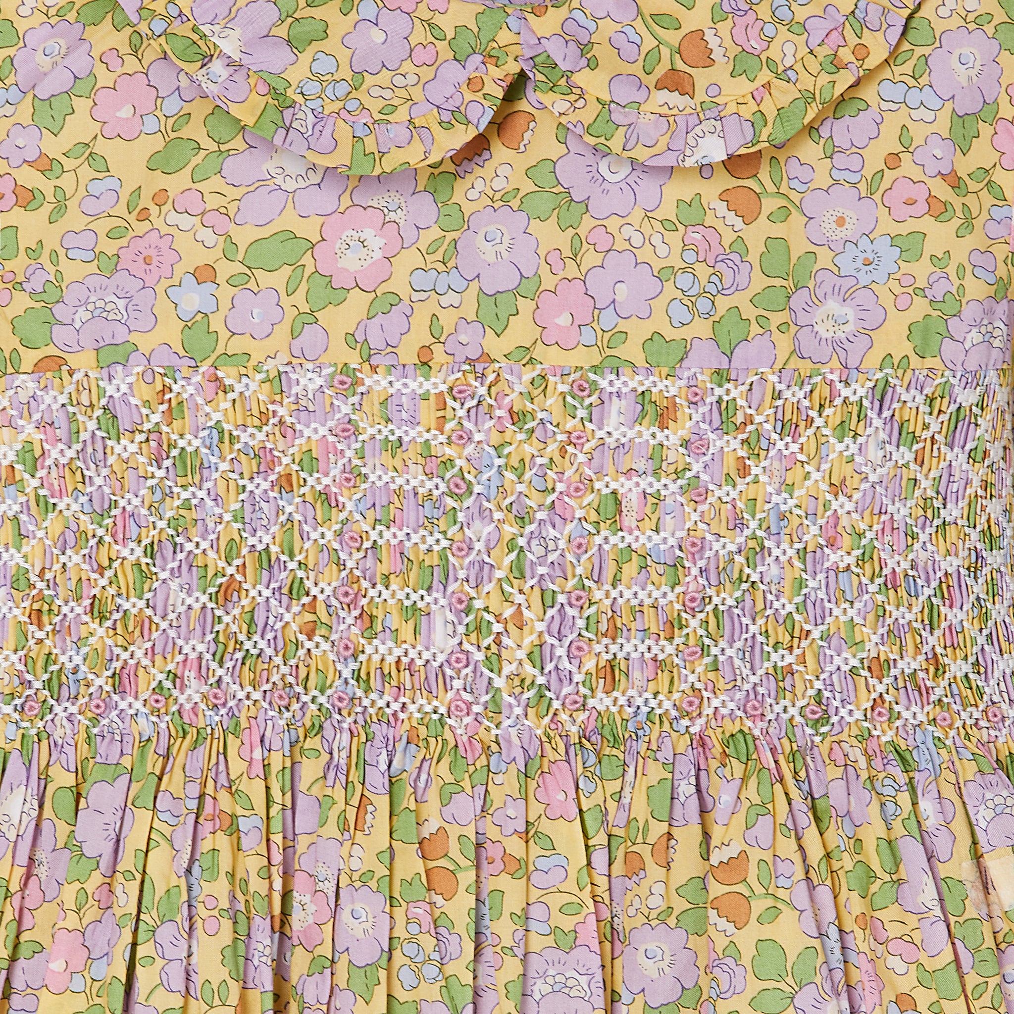 Floral Dress Made from Liberty Fabric, yellow, lilac, hand-smocked, smocking closeup