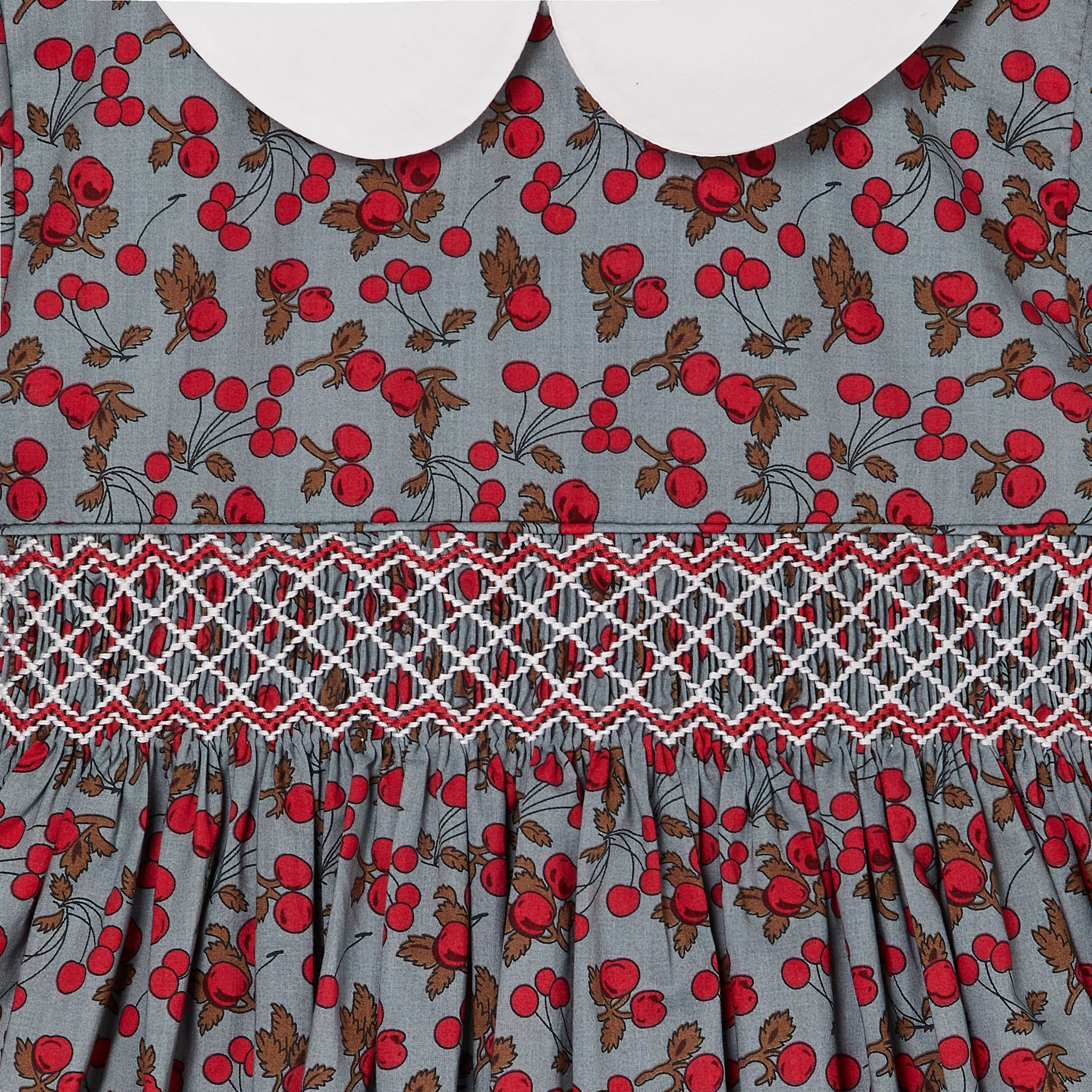 cherry print smocked dress, detail