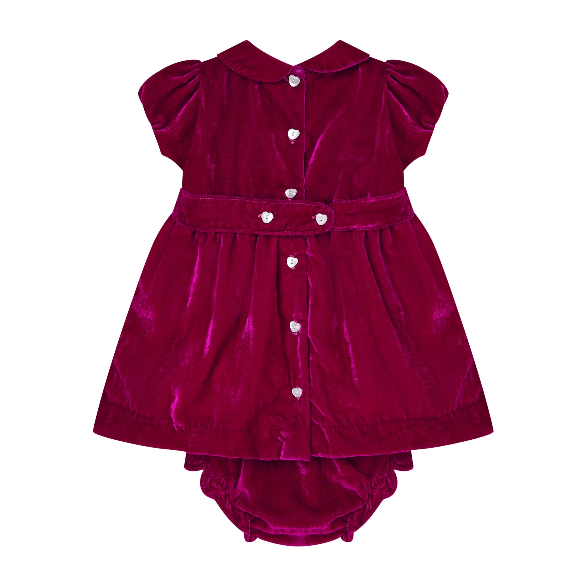 pink velvet hand-smocked dress with bloomers, back
