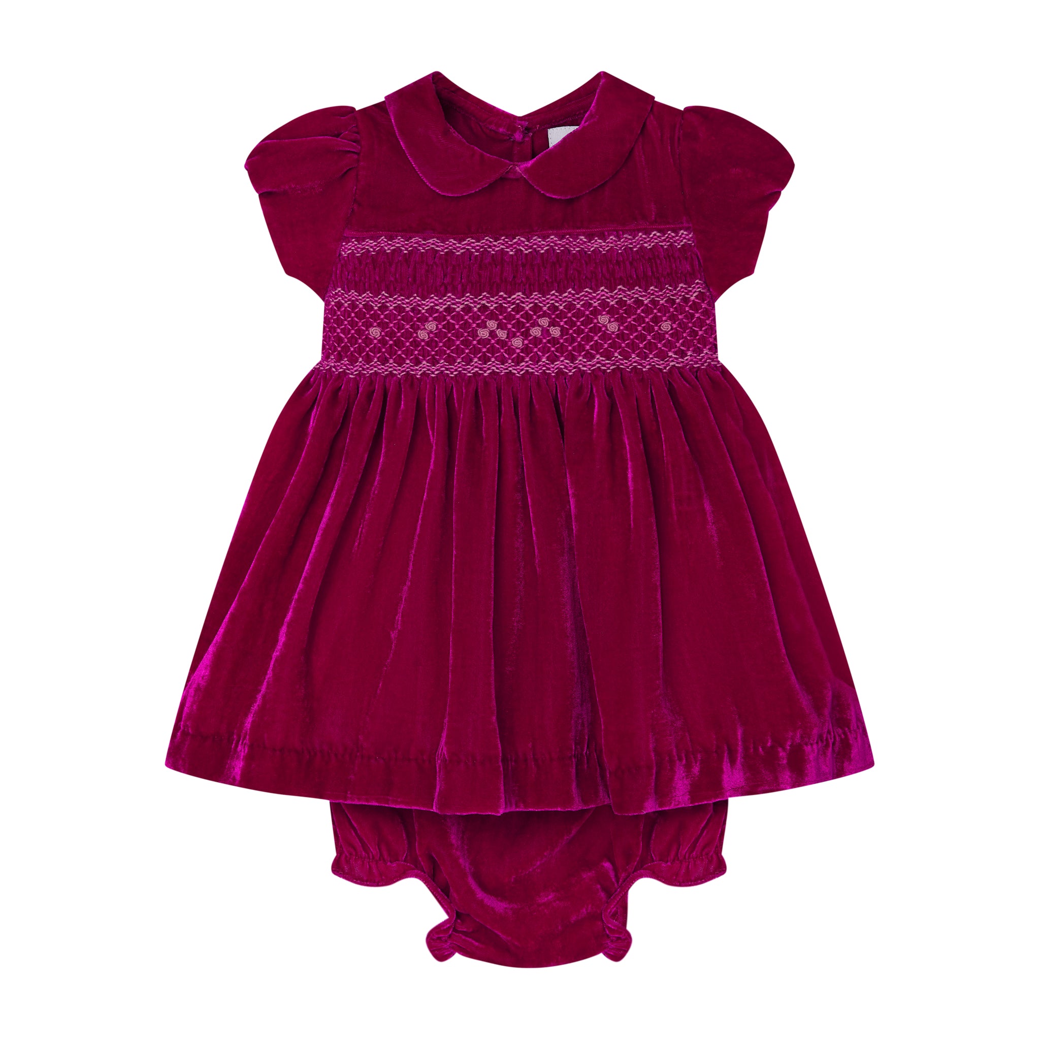 pink velvet hand-smocked dress with bloomers, front