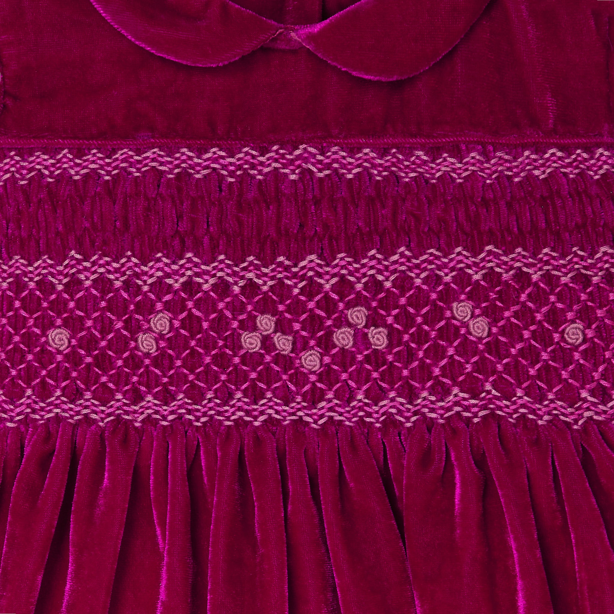 pink velvet hand-smocked dress, smocking closeup