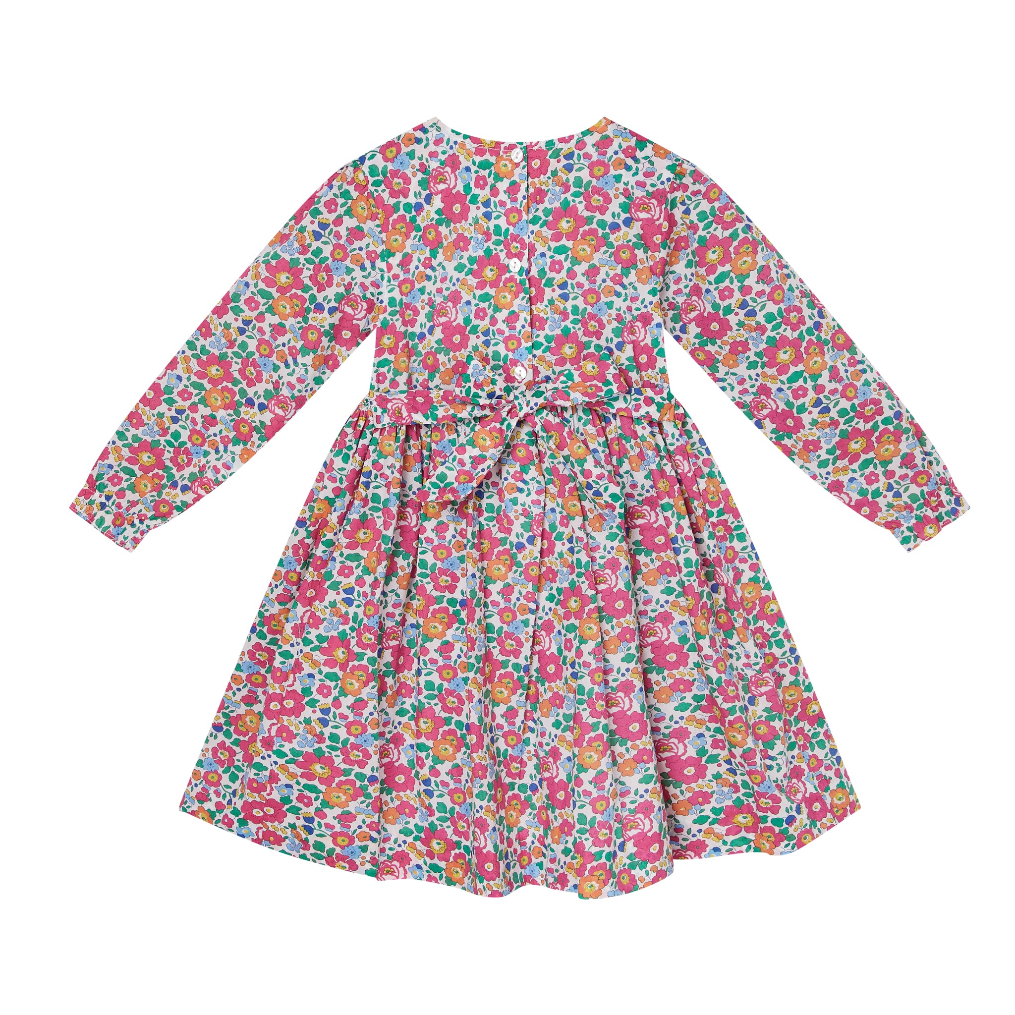 Long-sleeve hand-smocked floral dress made from Liberty fabric, back 