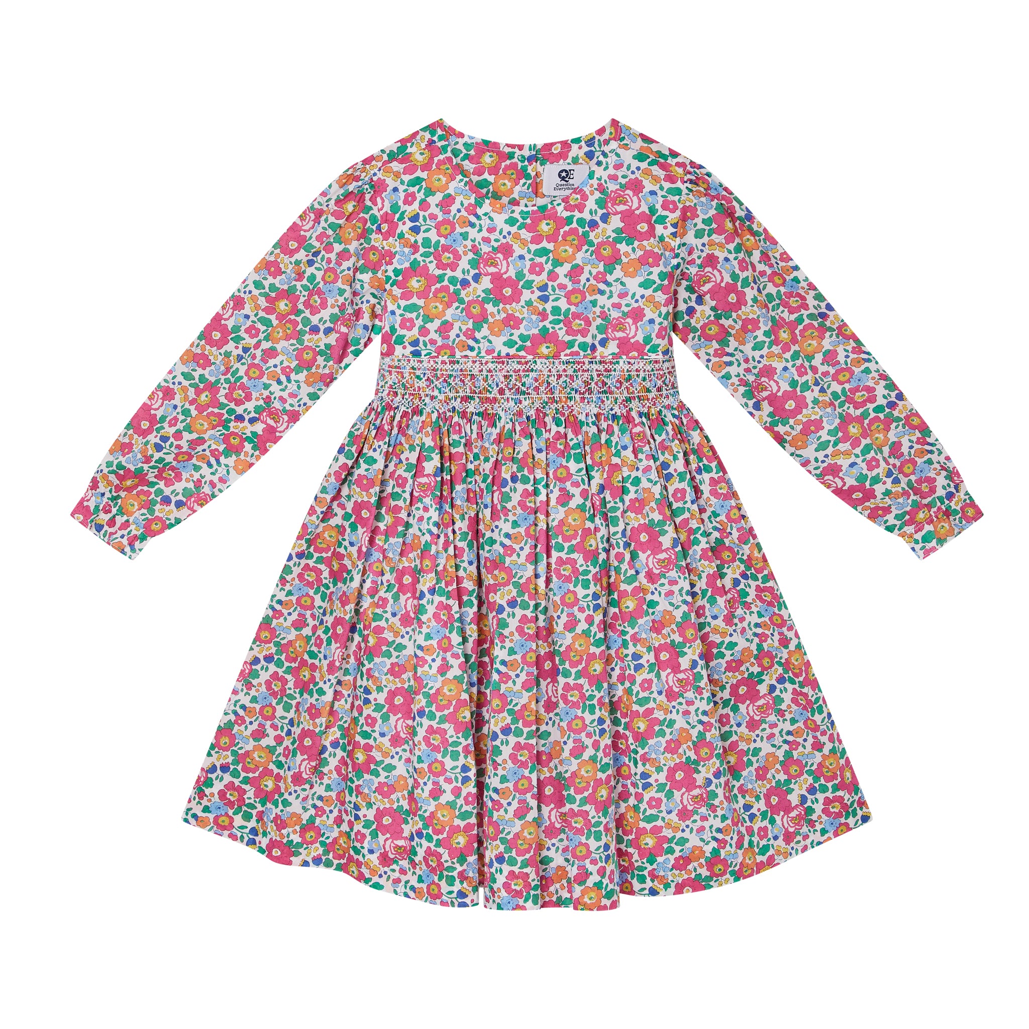 Long-sleeve hand-smocked floral dress made from Liberty fabric, front