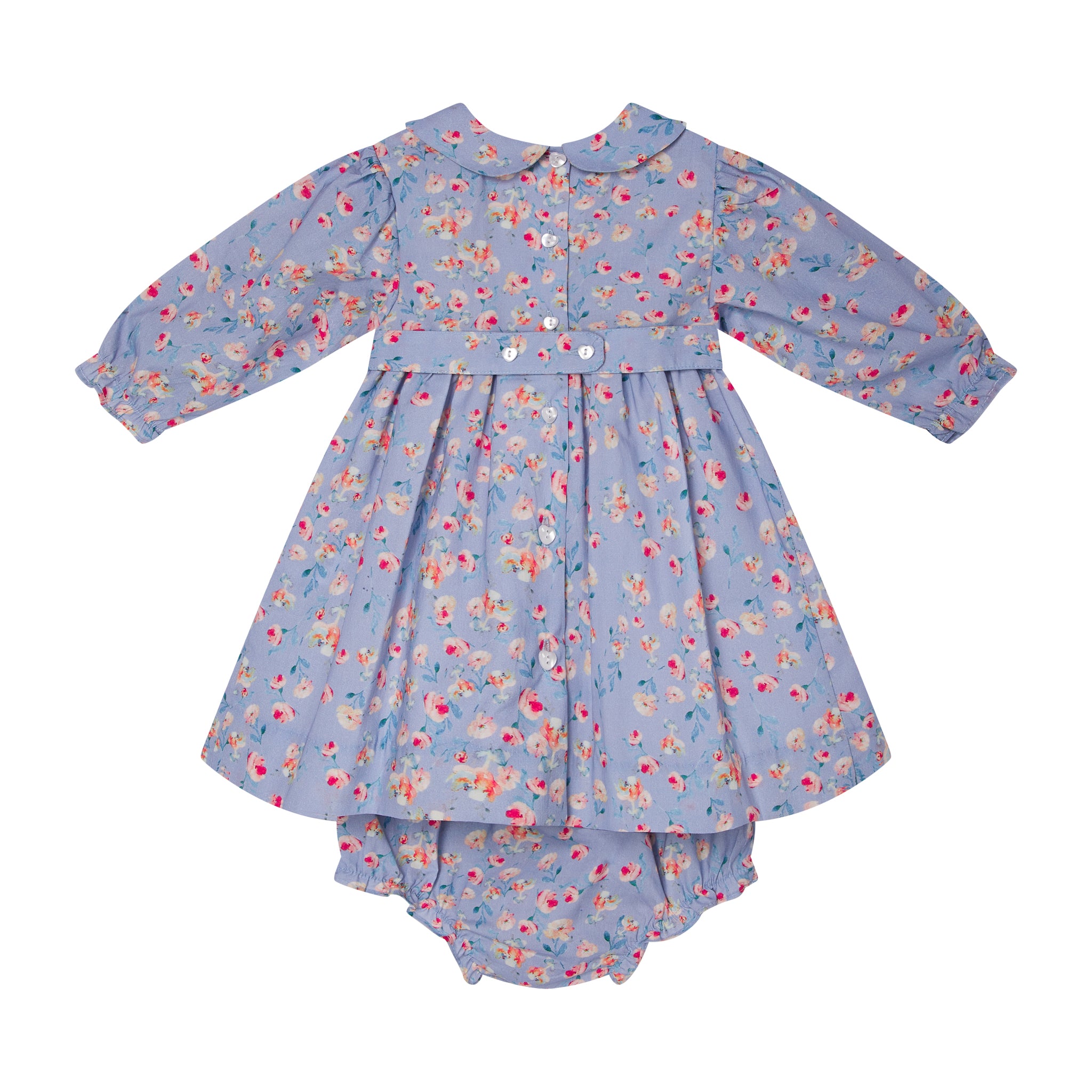 pale blue floral baby dress with smocking