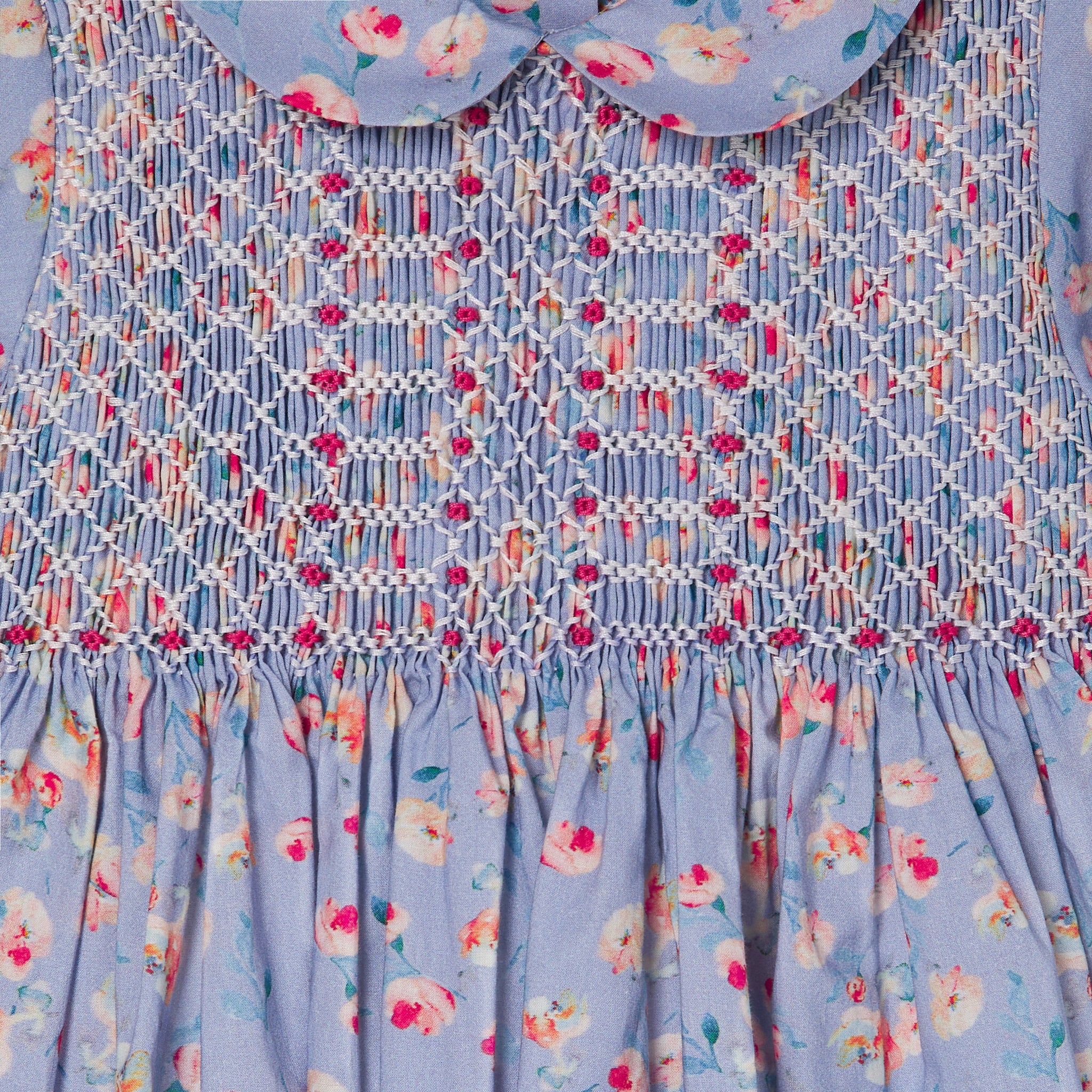 pale blue and red floral dress, smocking closeup