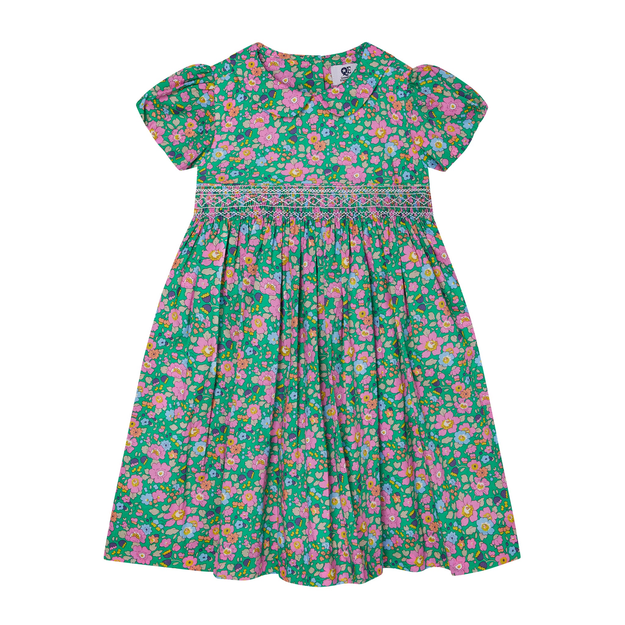 green floral dress for girls, made from Liberty fabric, front