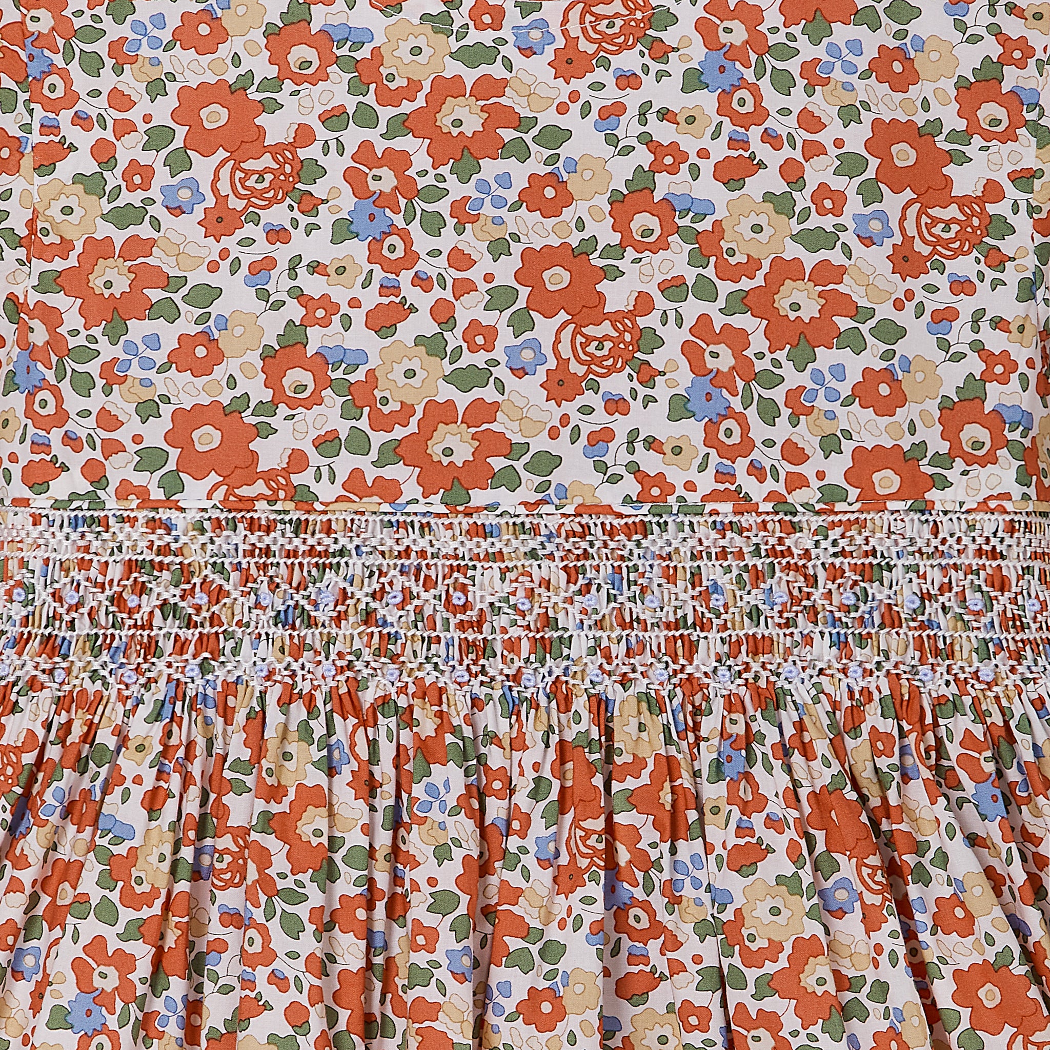 red floral dress, smocking closeup