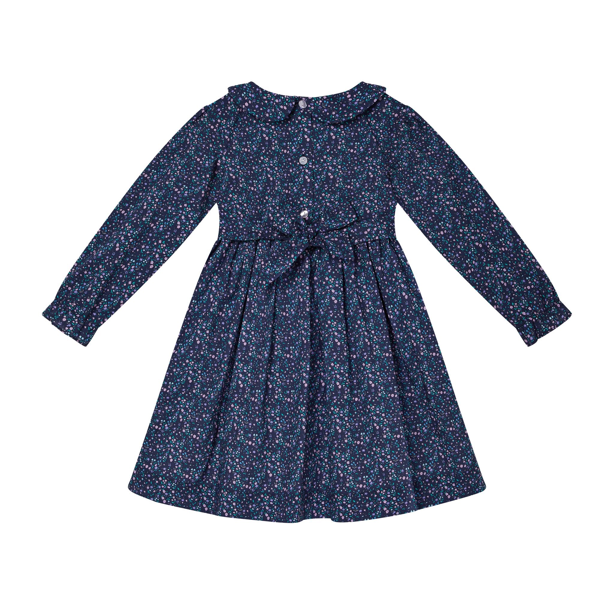 smocked dress, navy floral, back