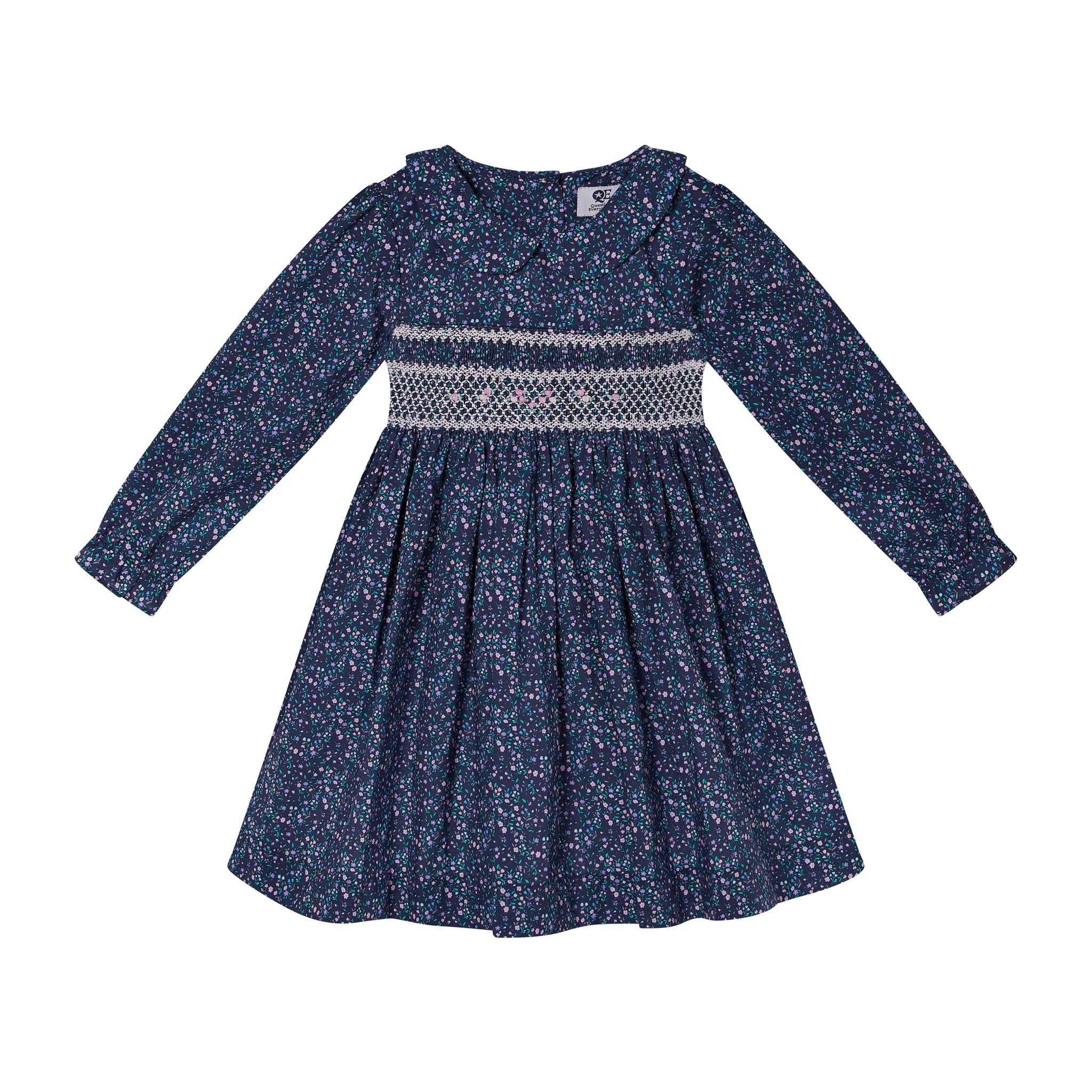 Hand-smocked floral dress navy