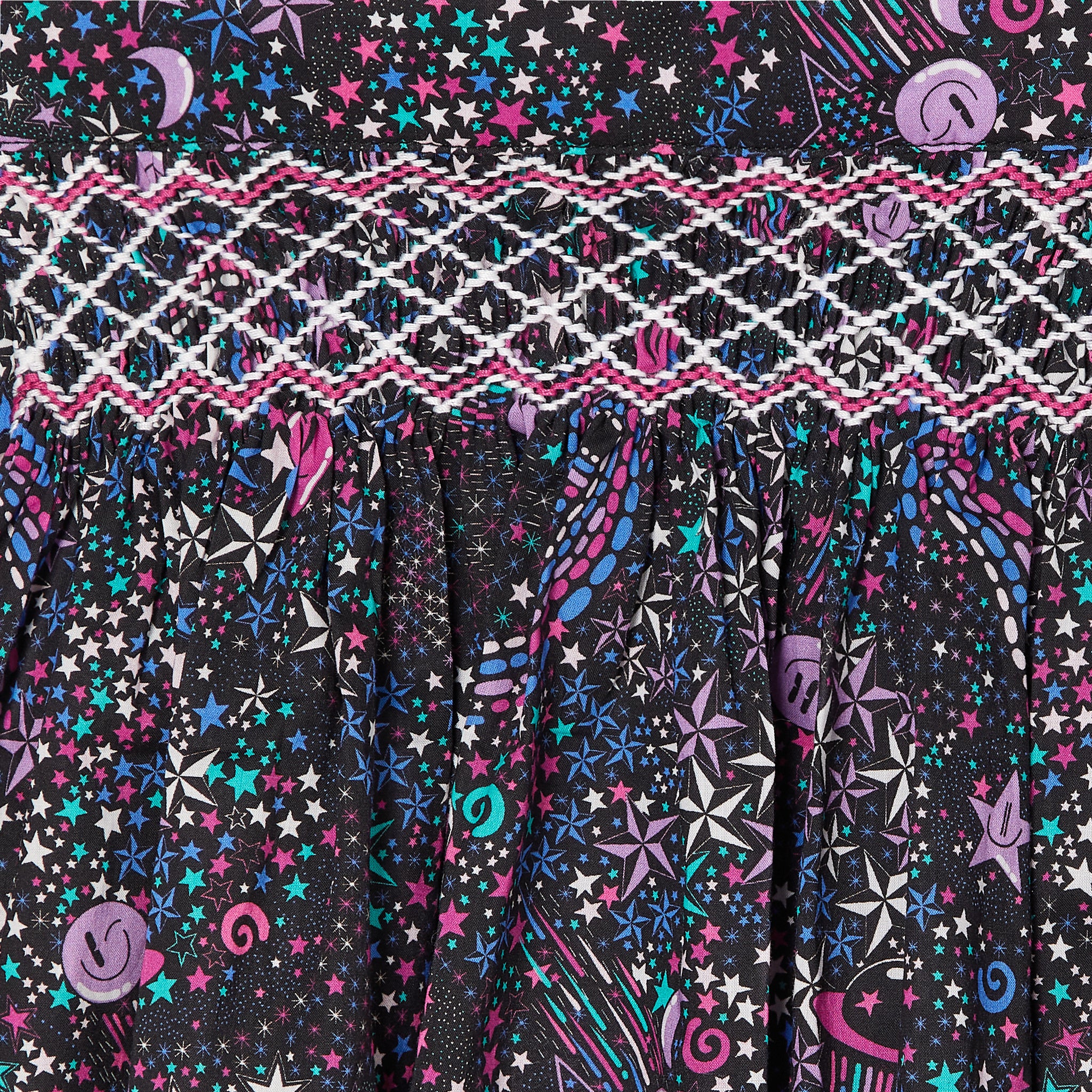  hand-smocked skirt made from Liberty fabric, black, pink star pattern, closeup