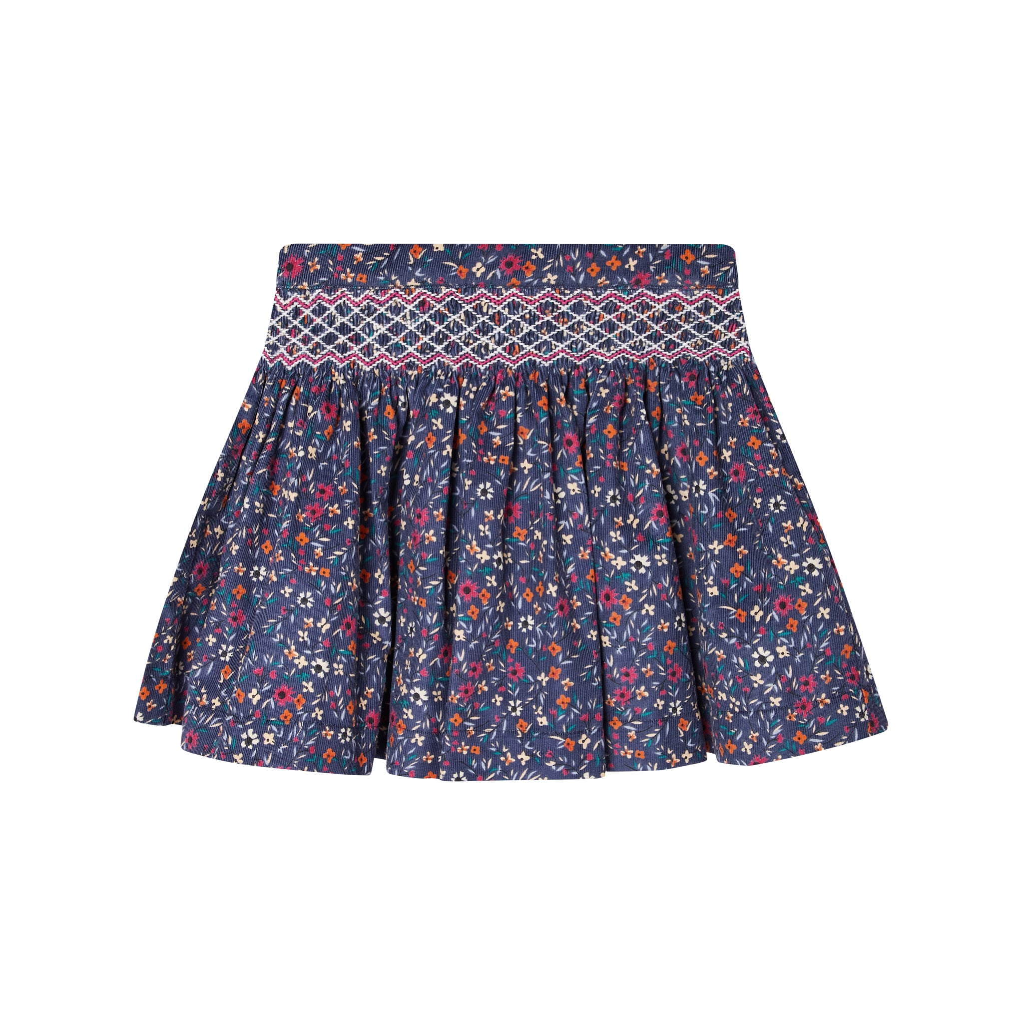 hand-smocked corduroy skirt, floral, front