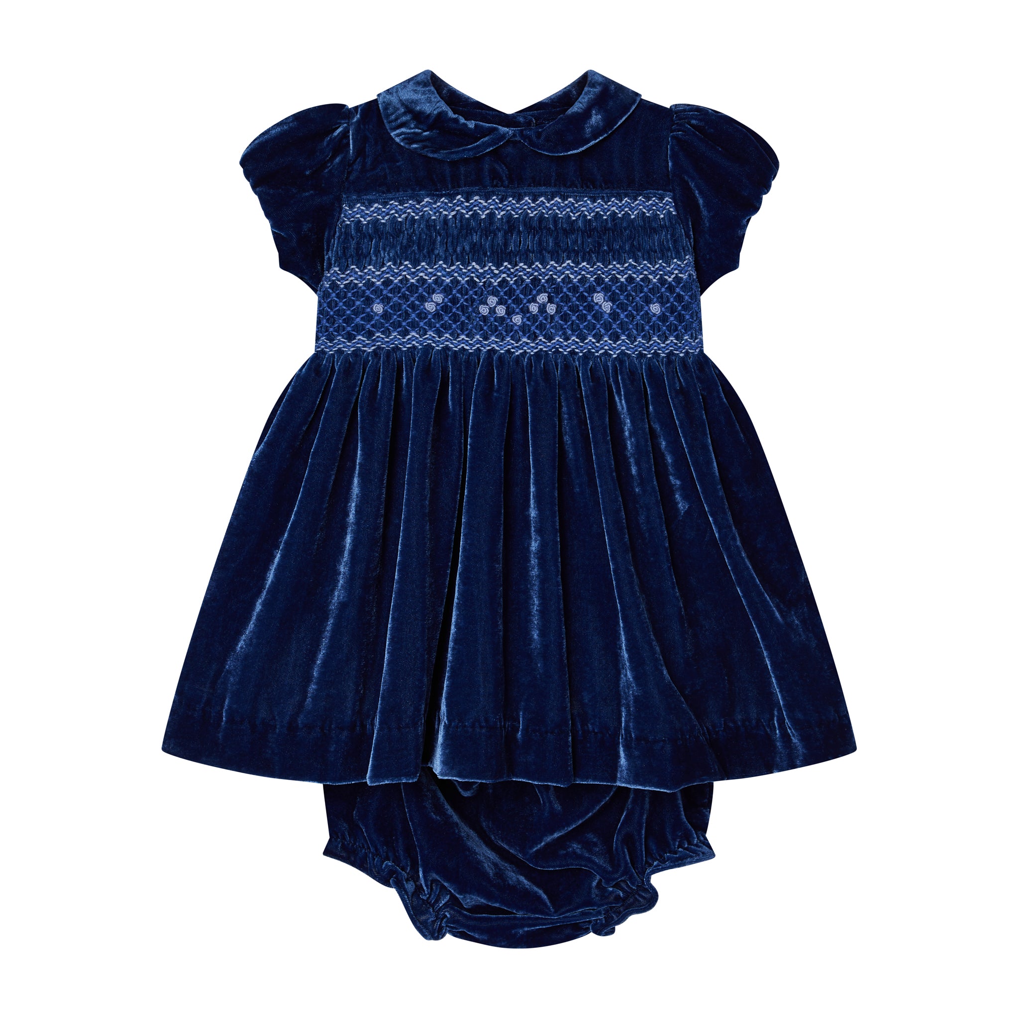 navy blue baby dress, velvet, smocked, front