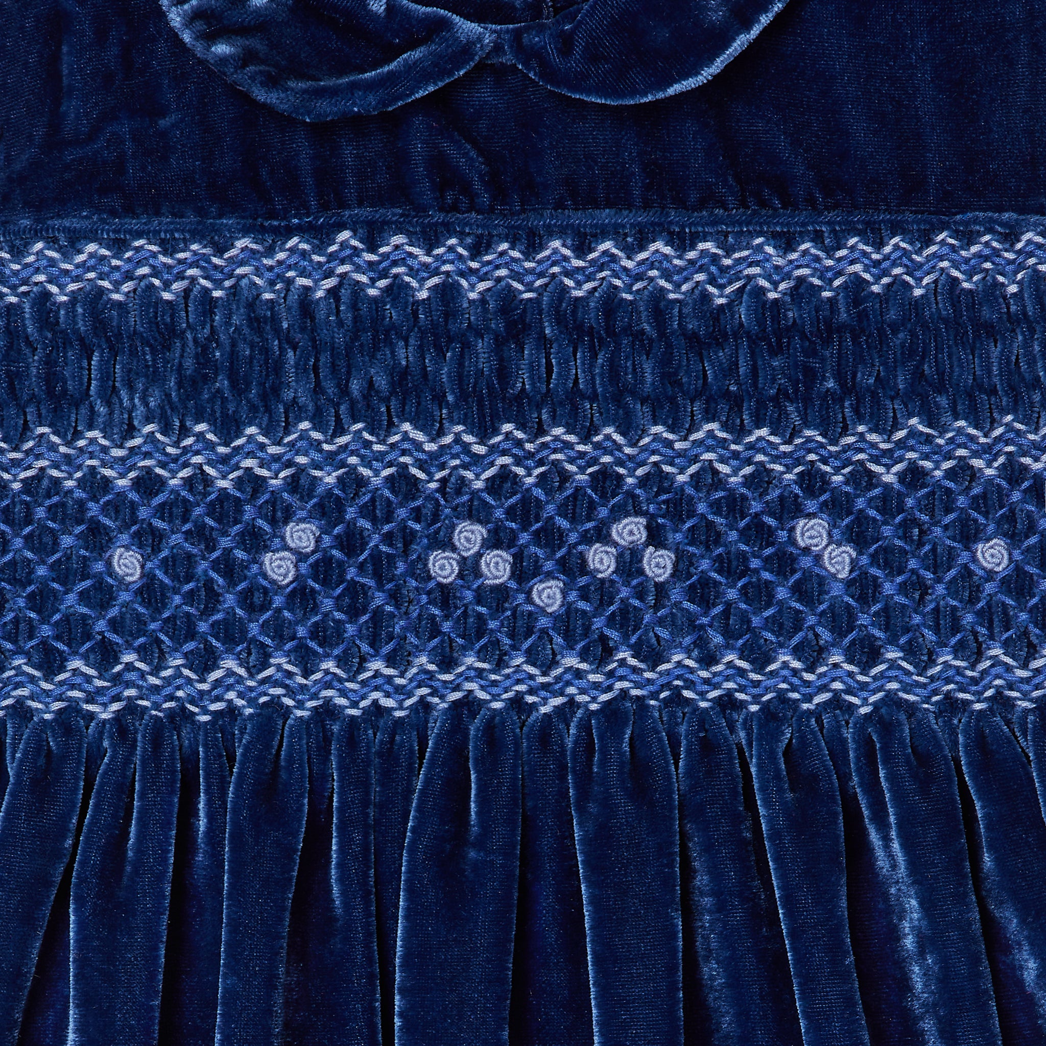 navy blue baby dress, velvet, smocking detail