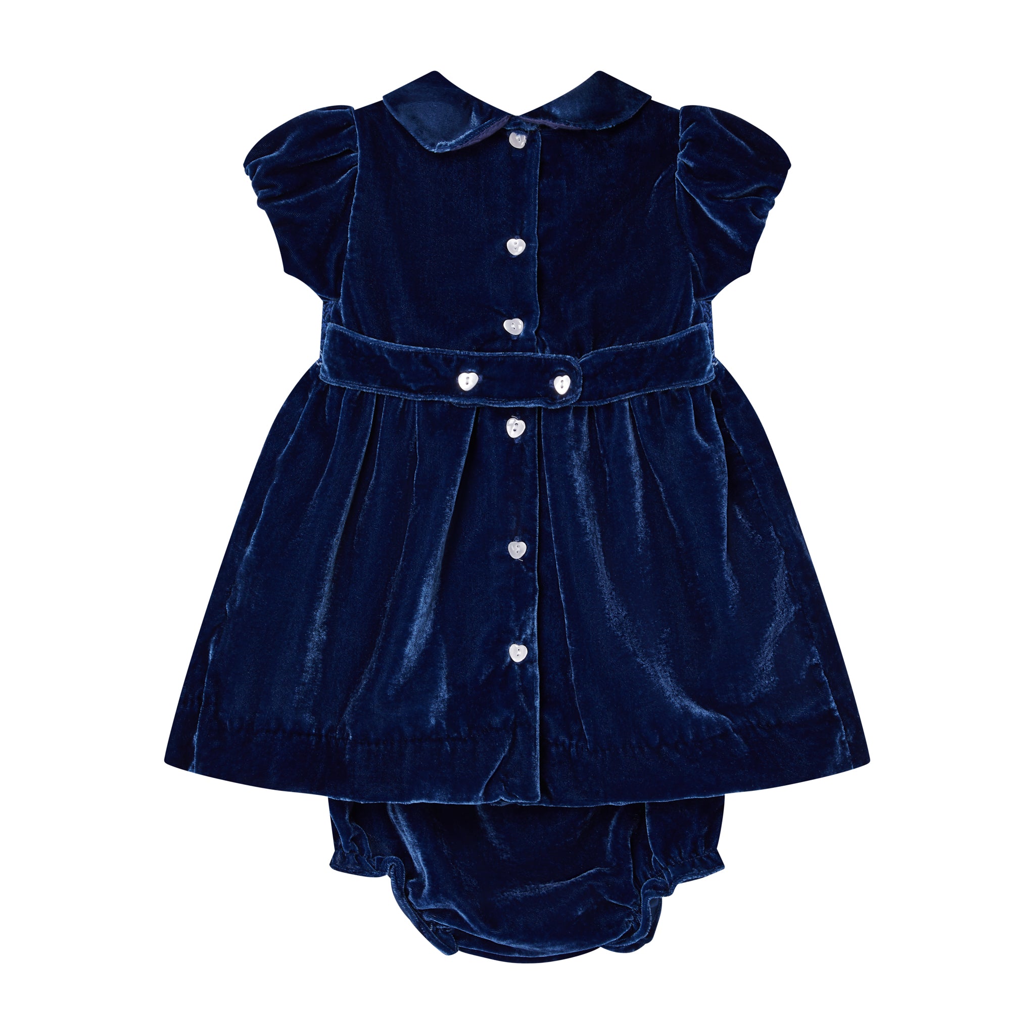 navy blue baby dress, velvet, smocked, back