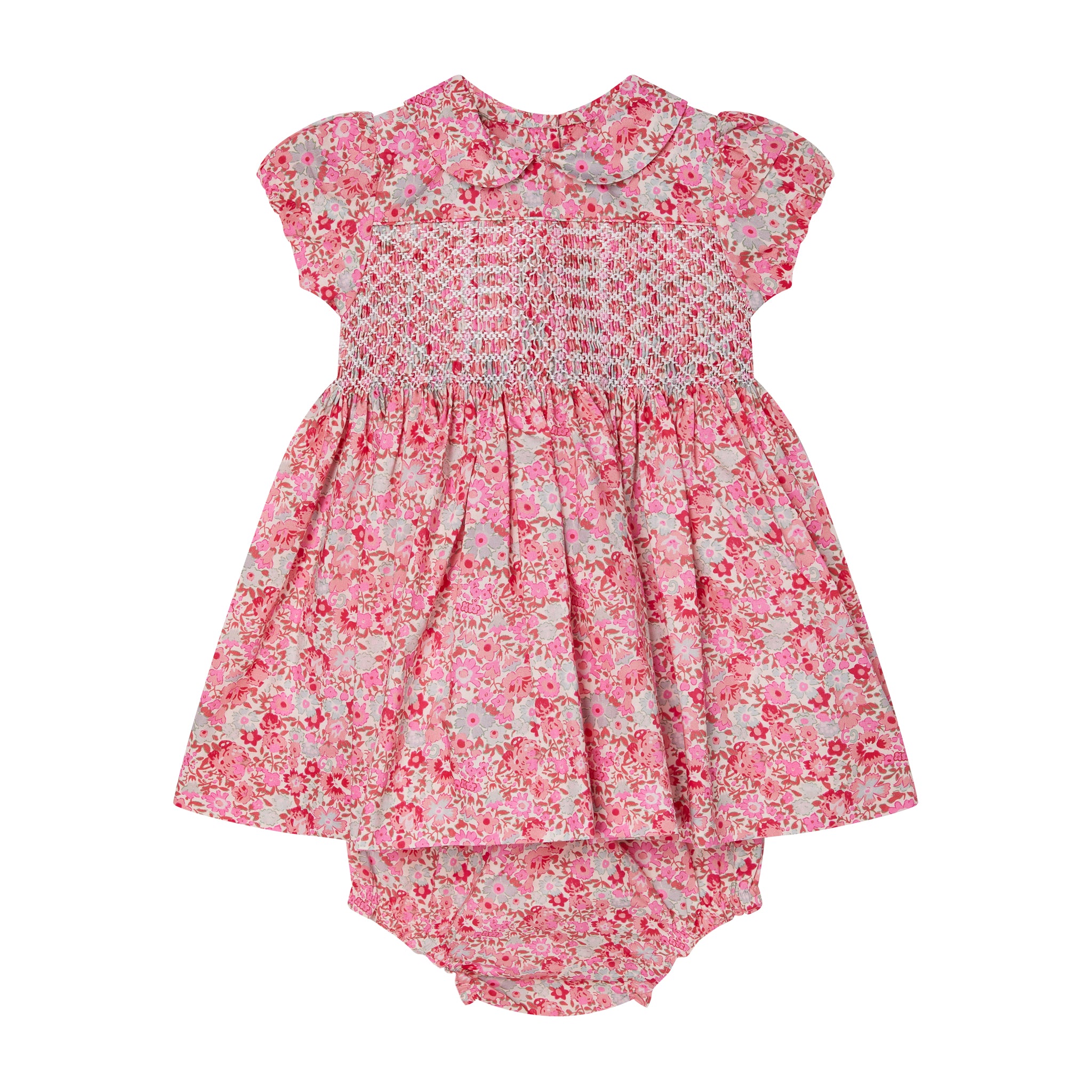 hand-smocked baby dress with bloomers, pink and red, floral