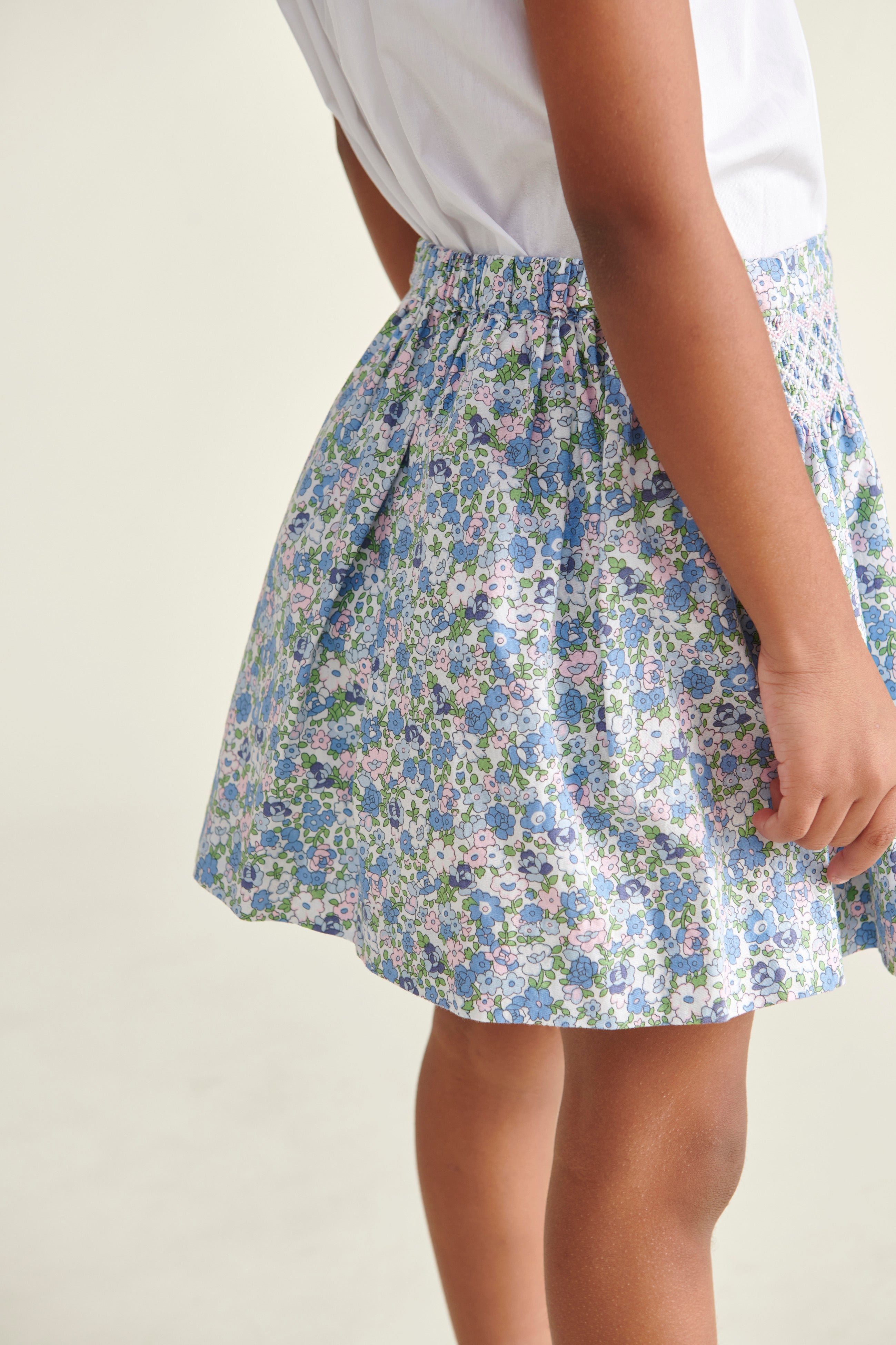 closeup blue floral skirt, sideview