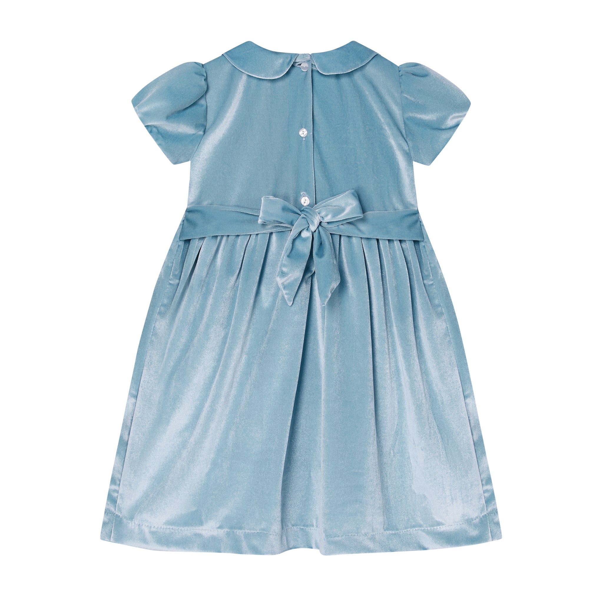 back of baby blue velvet dress for girls