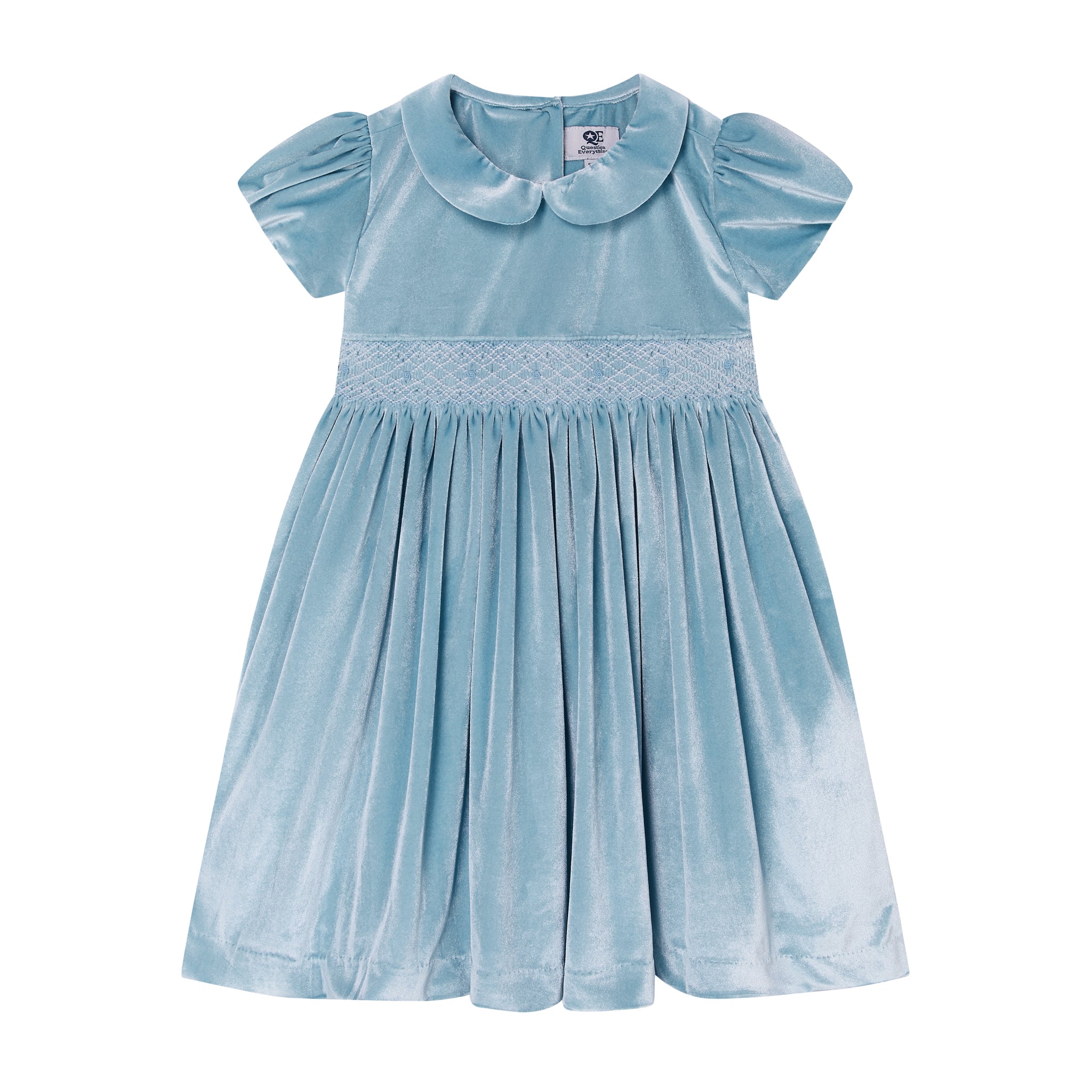 smocked dress, velvet, blue
front
