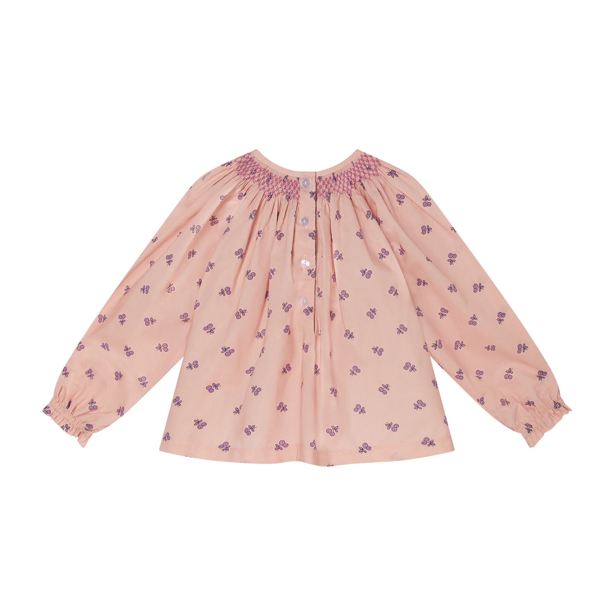 hand-smocked cherry print blouse, back