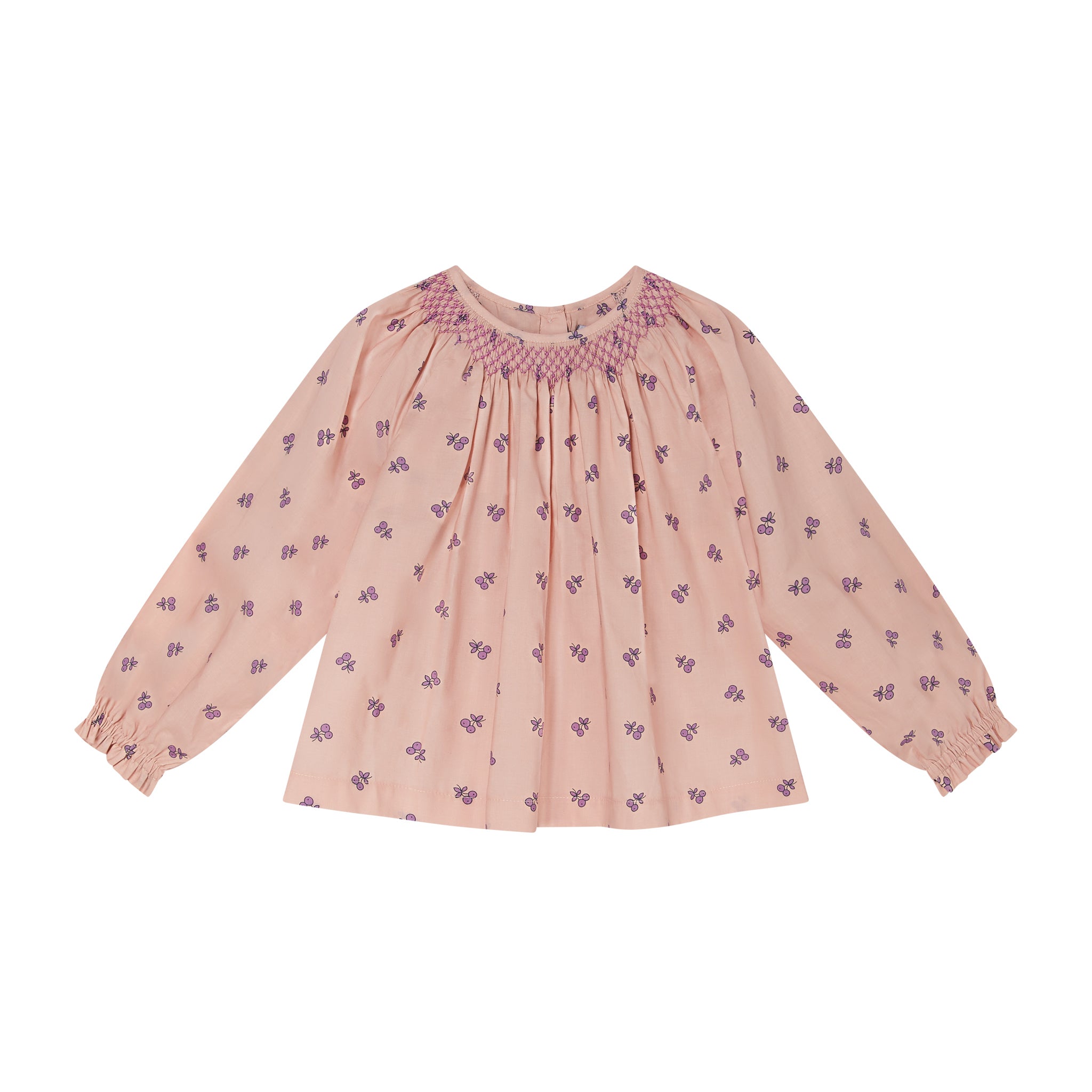 hand-smocked cherry print blouse, front