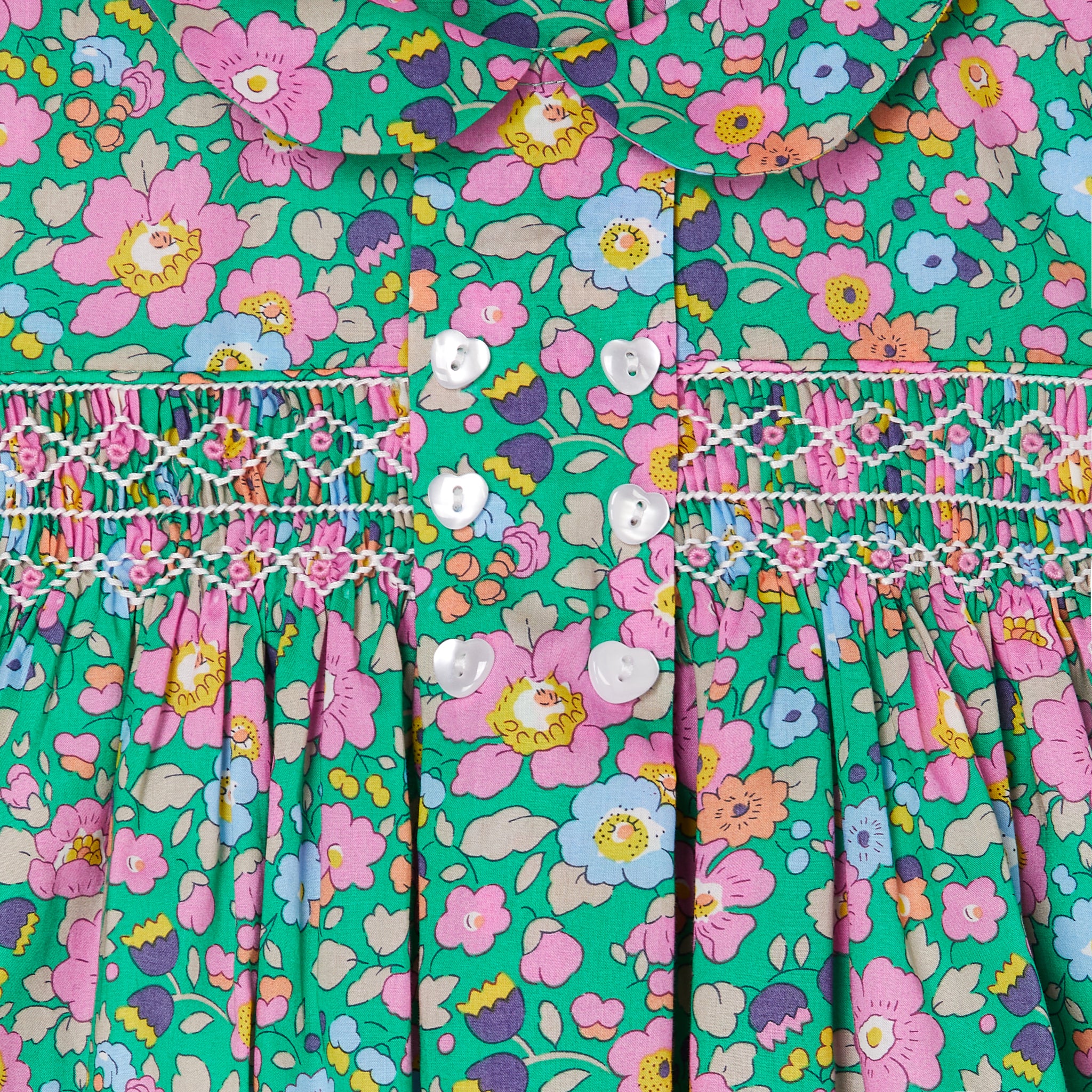 green floral dress made from Liberty fabric, hand-smocked, detail