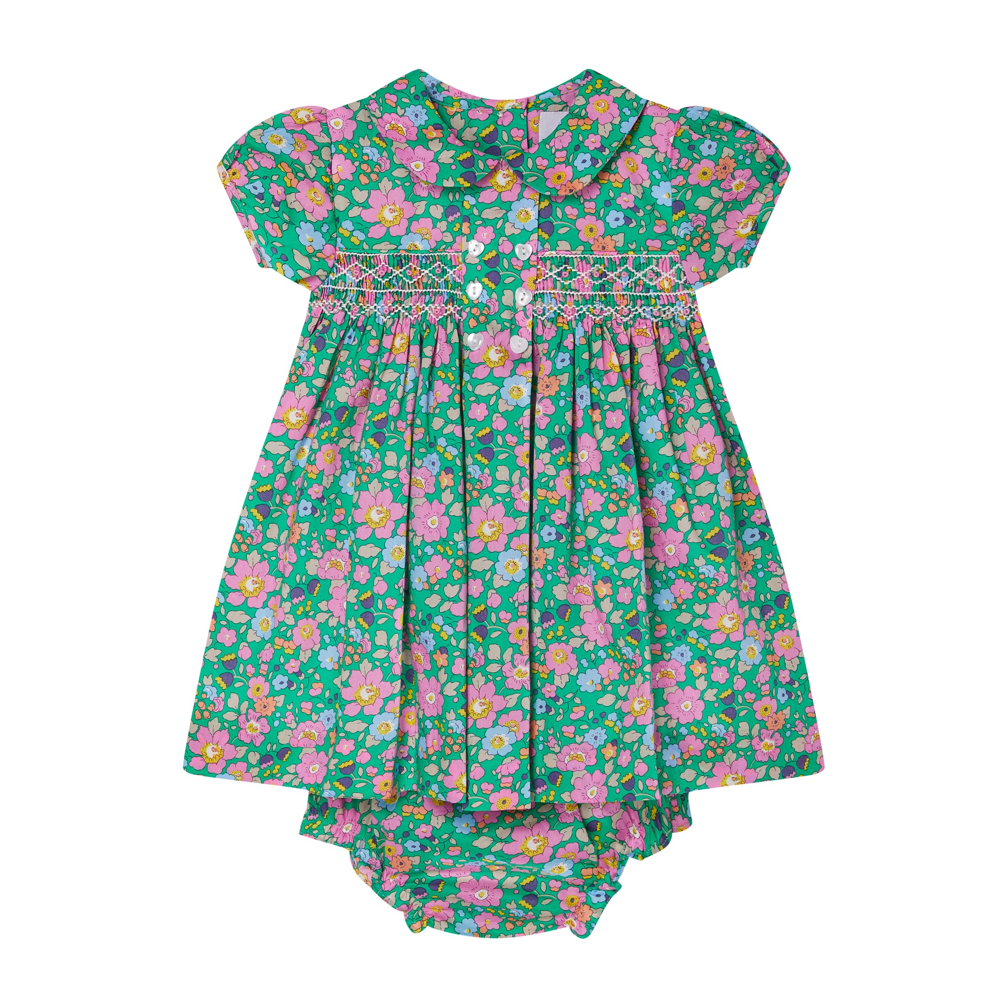 green floral dress made from Liberty fabric, hand-smocked, front