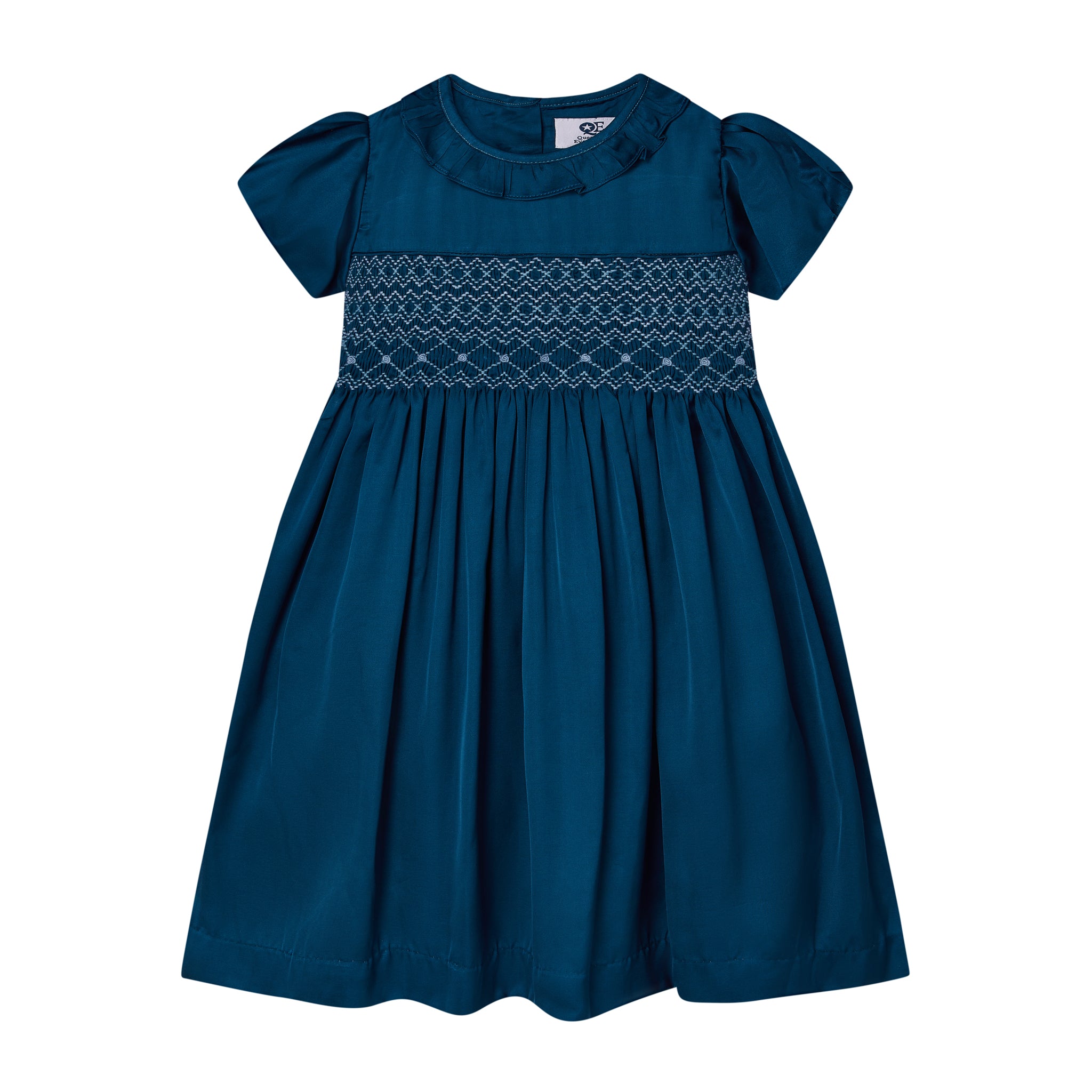 blue satin party dress with smocking