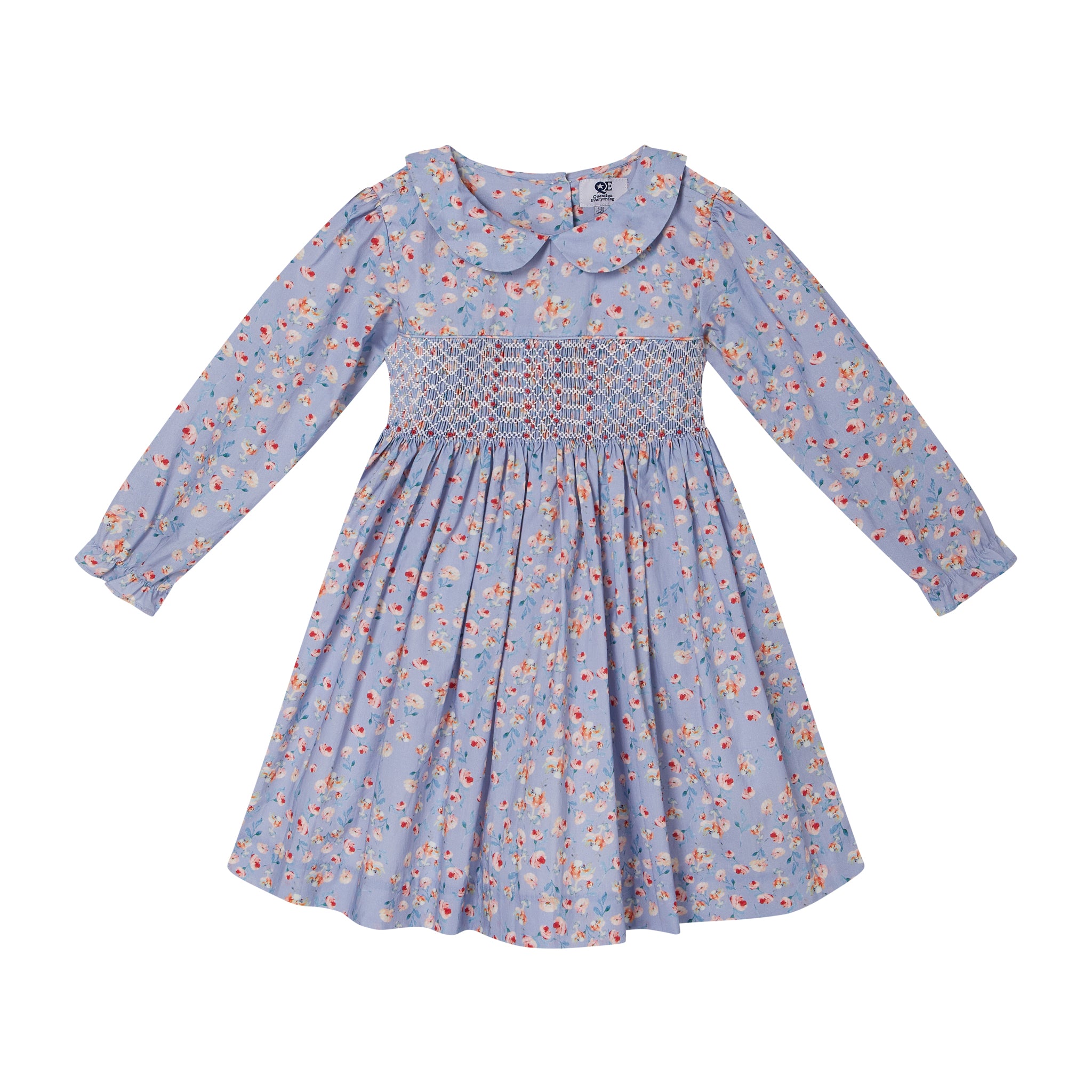 blue floral girls dress, smocked, front