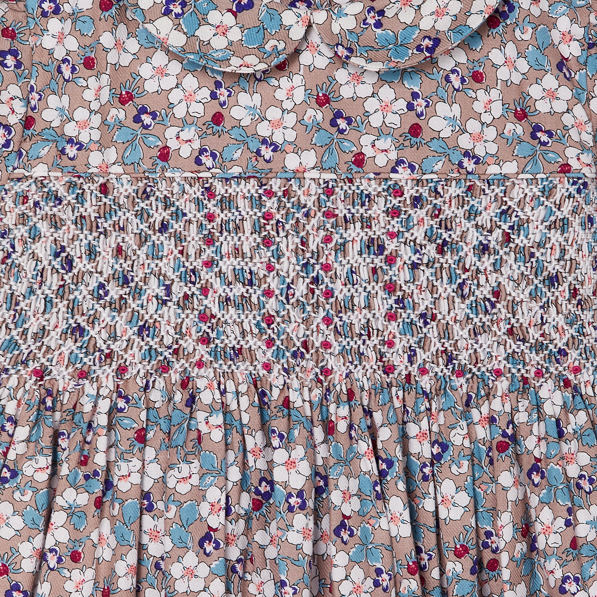 smocking detail of floral girls dress