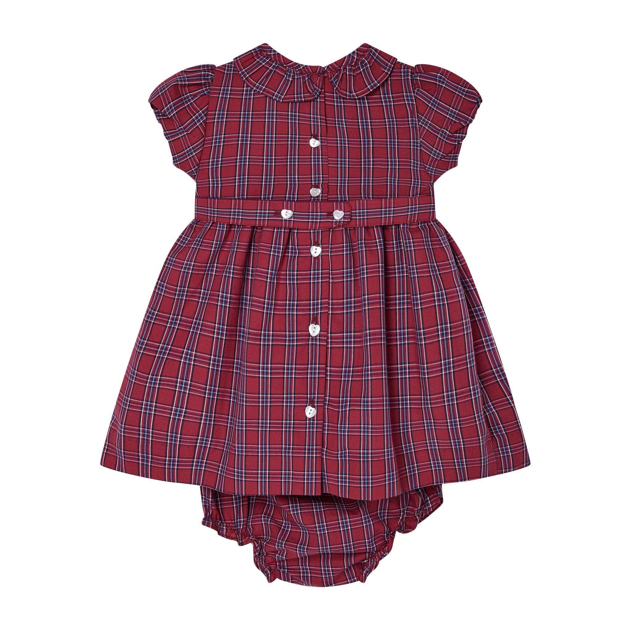 red and navy  smocked tartan dress, back