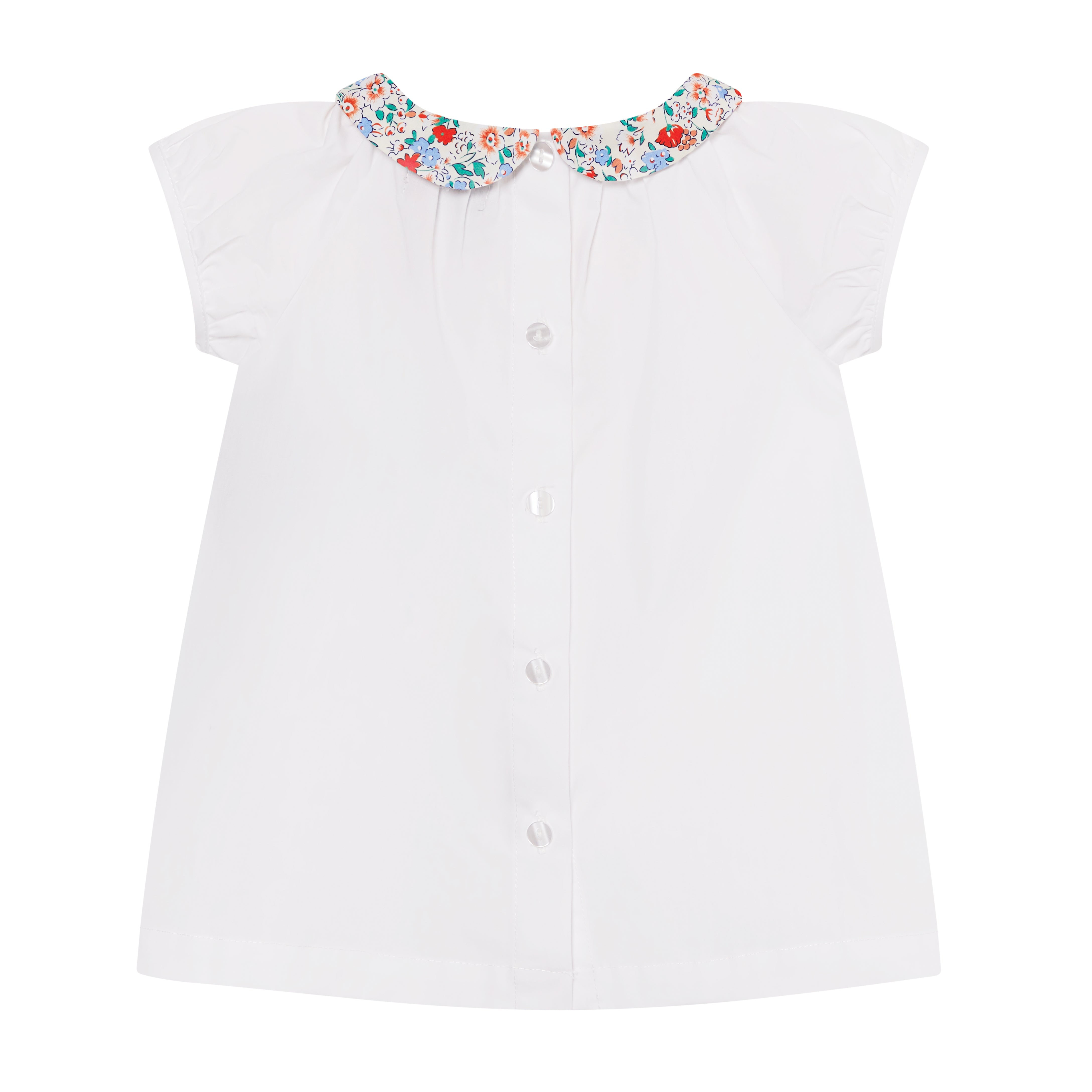 white blouse with vibrant floral collar, back