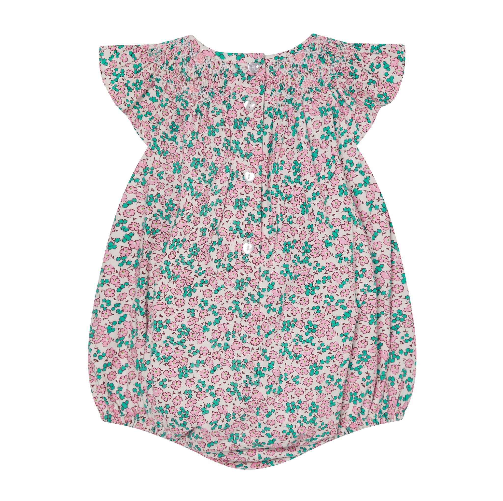 pink and green floral baby romper, back