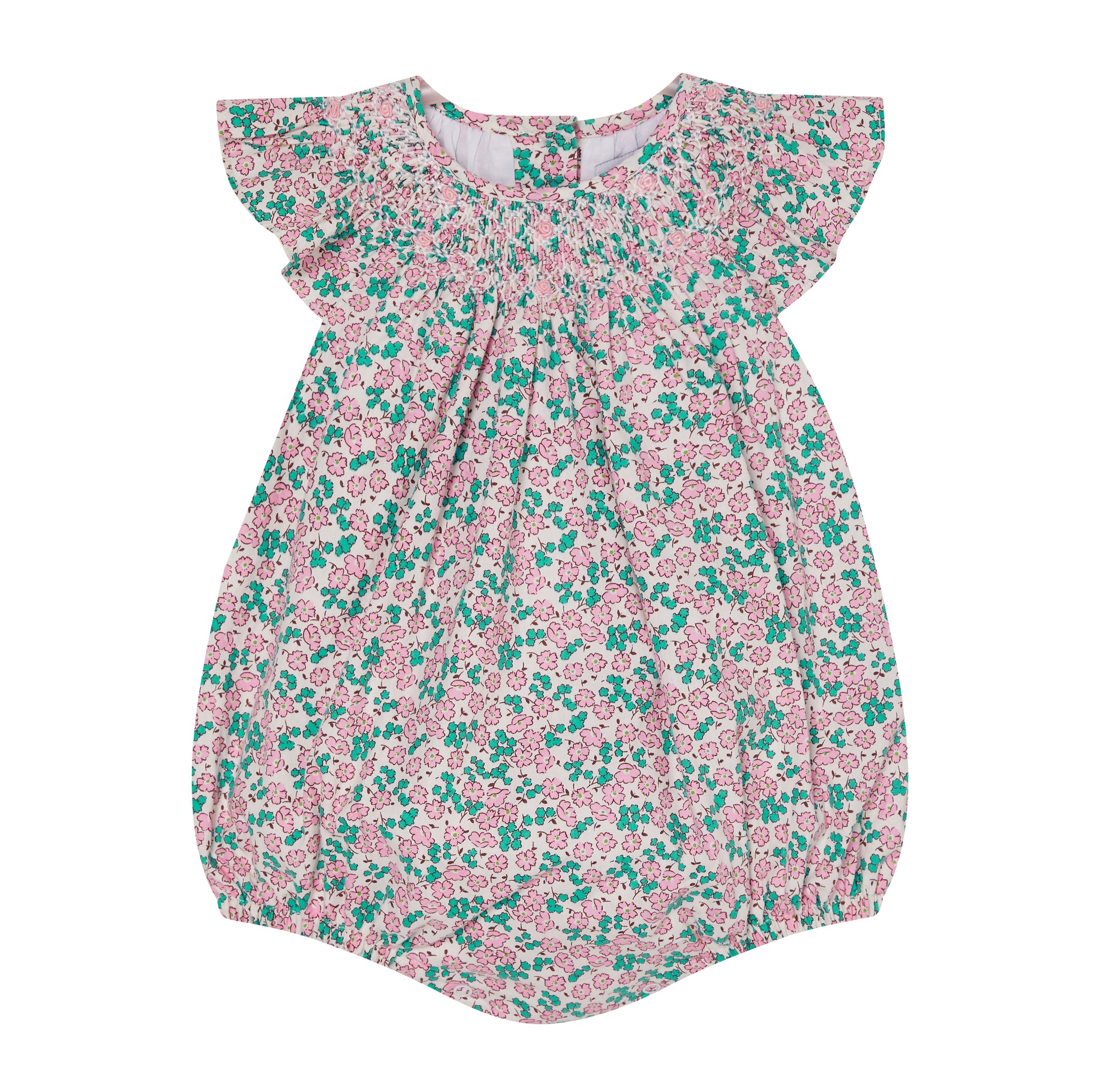 pink and green floral baby romper, hand-smocked