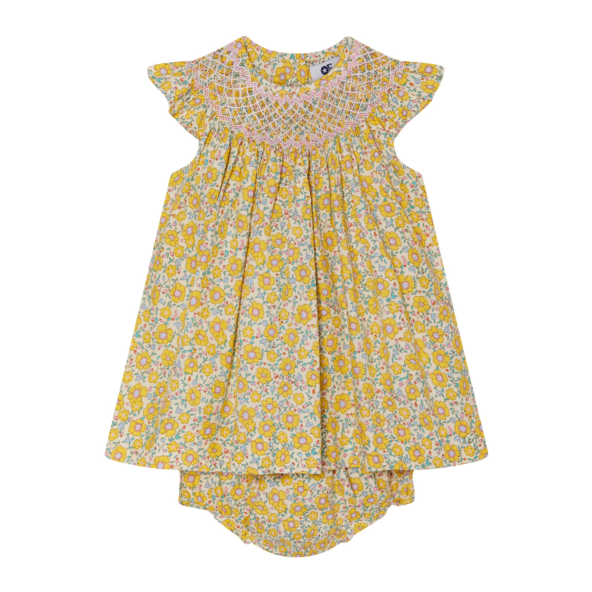 yellow smocked baby dress with bloomer