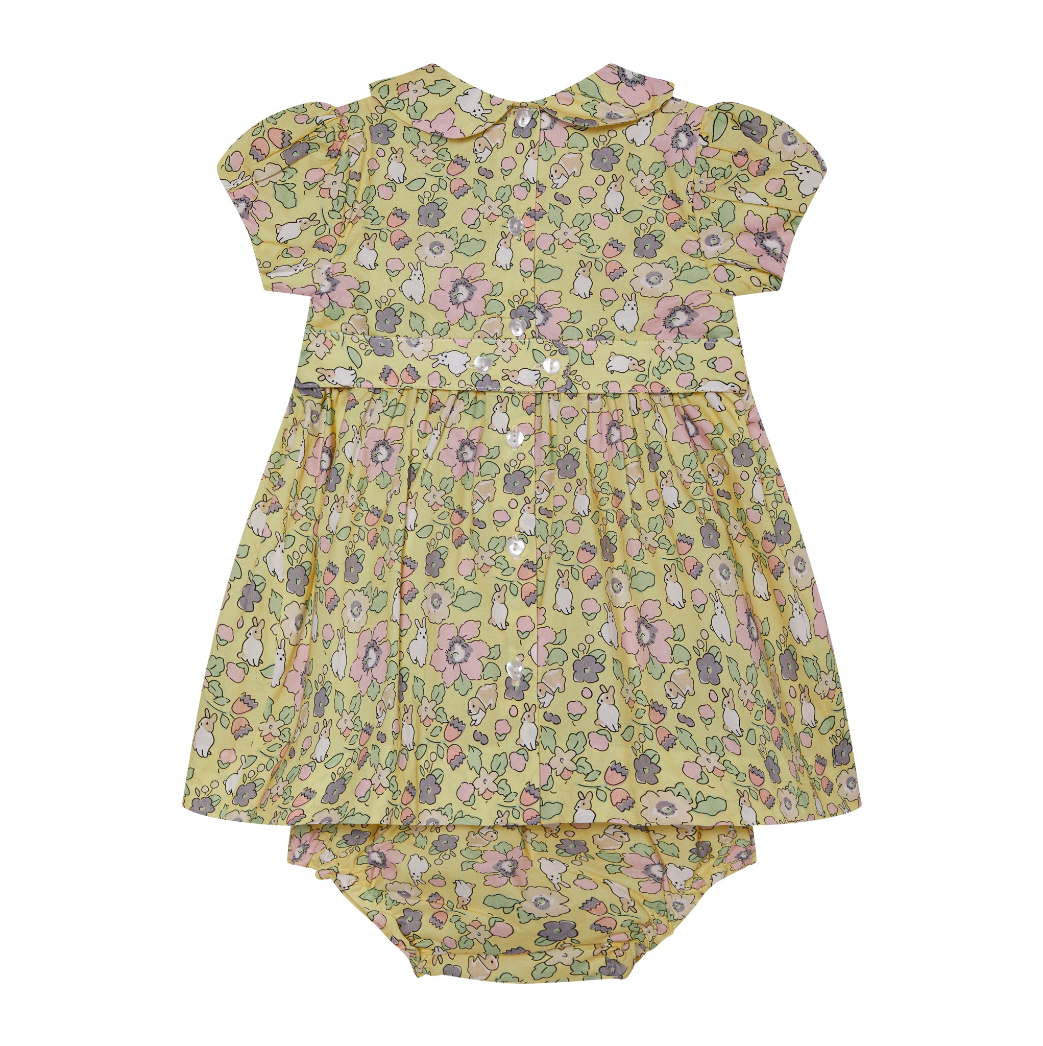 smocked baby dress with bloomers, bunnv and blossom print, back