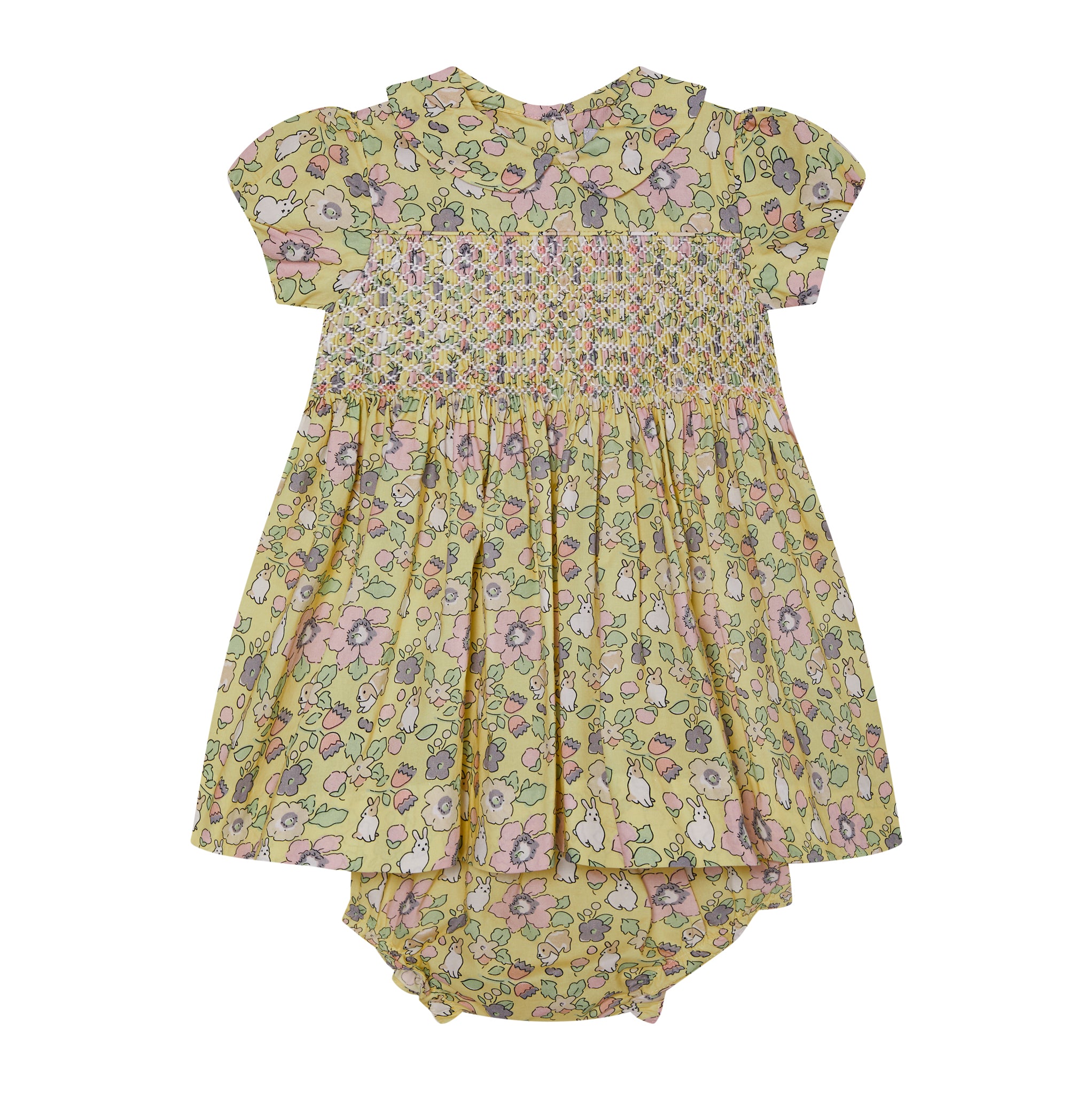 smocked baby dress with bloomers, bunnv and blossom print, front