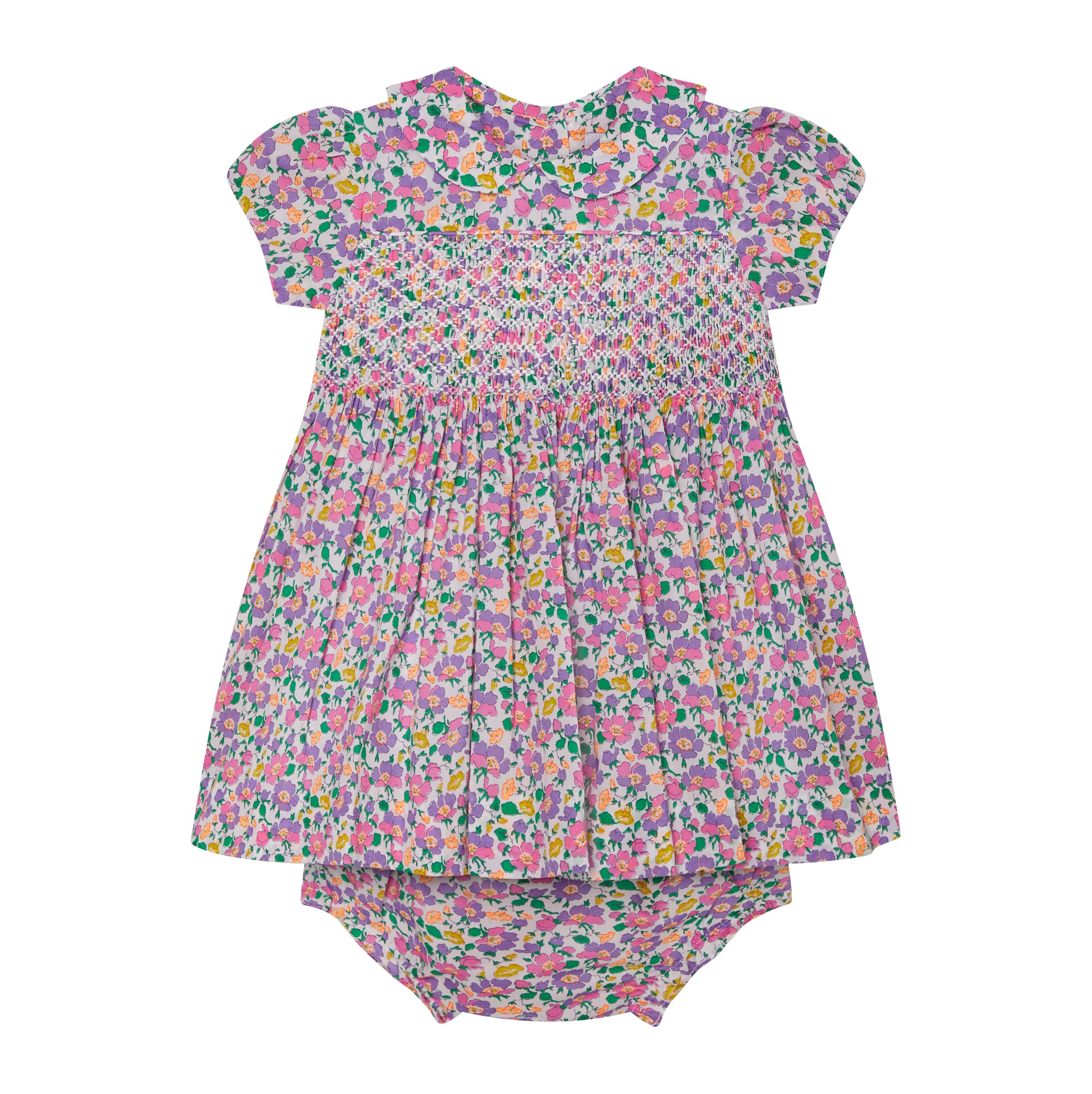 purple Liberty print baby dress, front