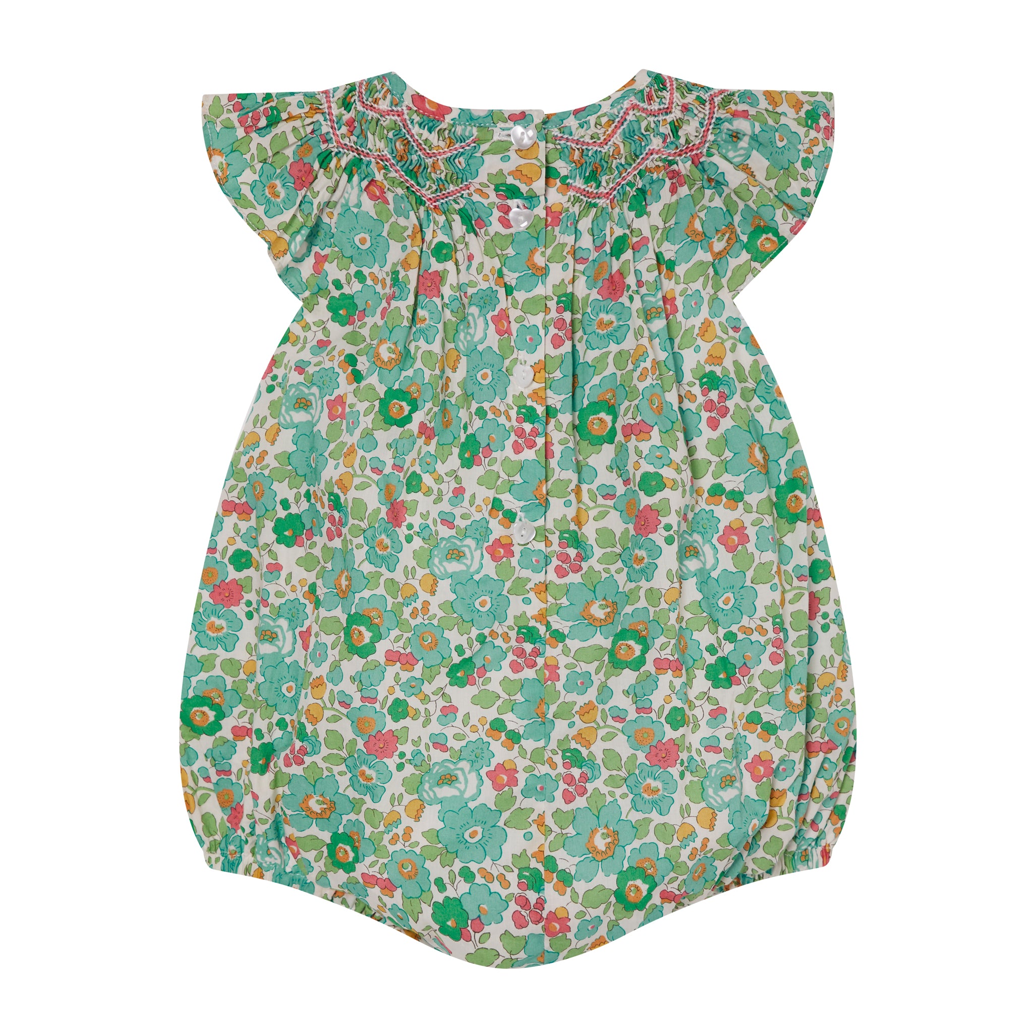 Liberty fabric baby romper, Betsy green, back