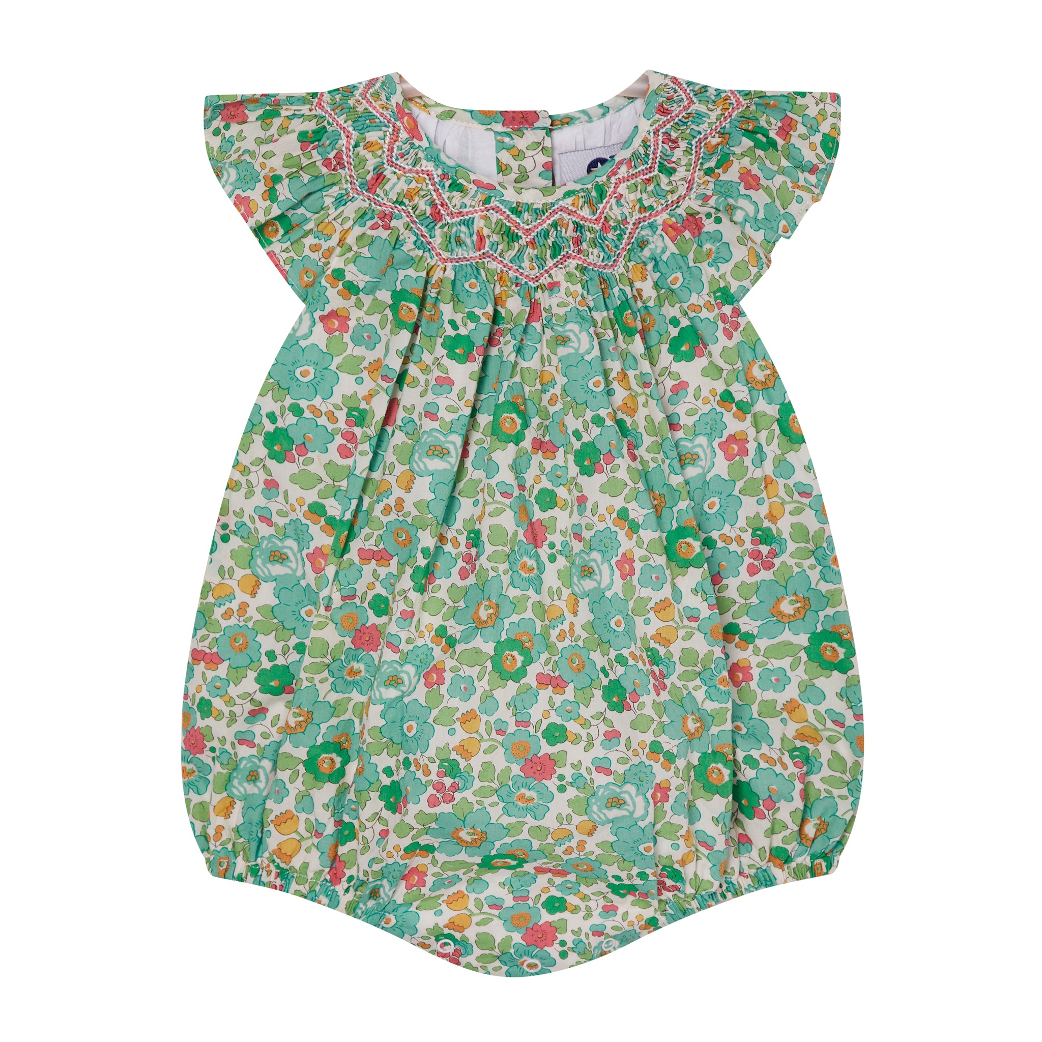 Liberty fabric baby romper, Betsy green, front