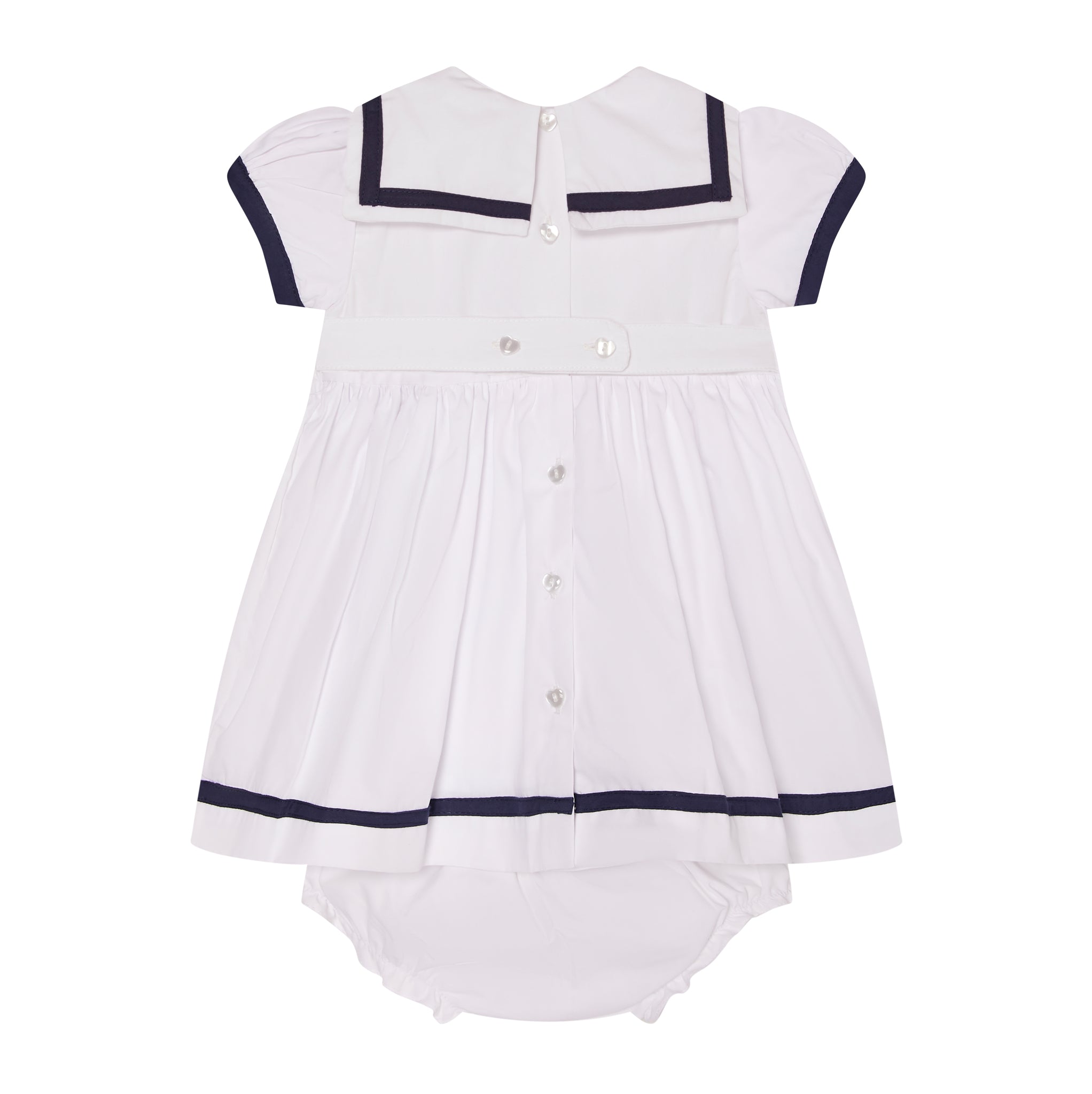 white and navy baby sailor dress with bloomers, back