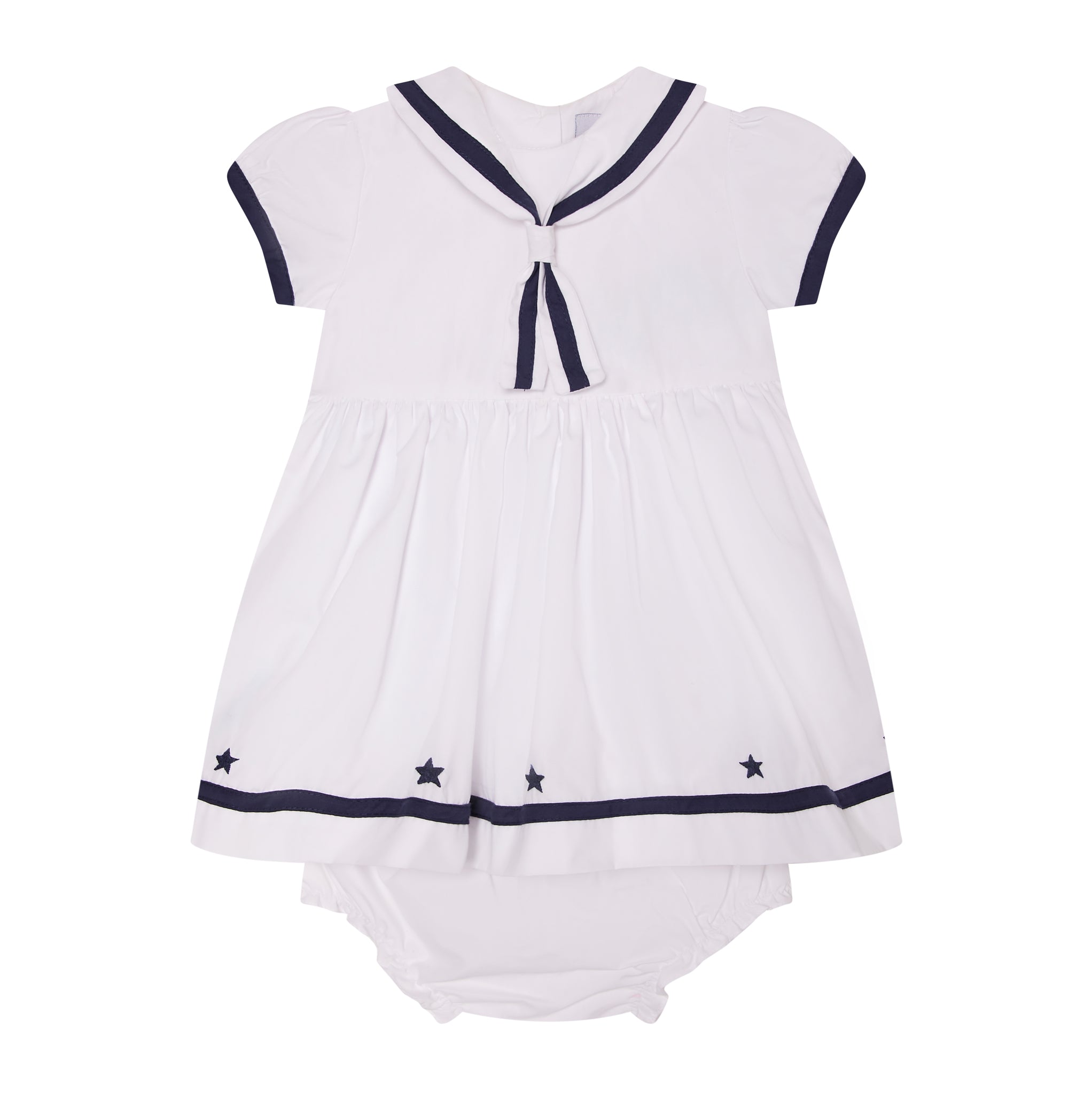 white and navy baby sailor dress with bloomers, front