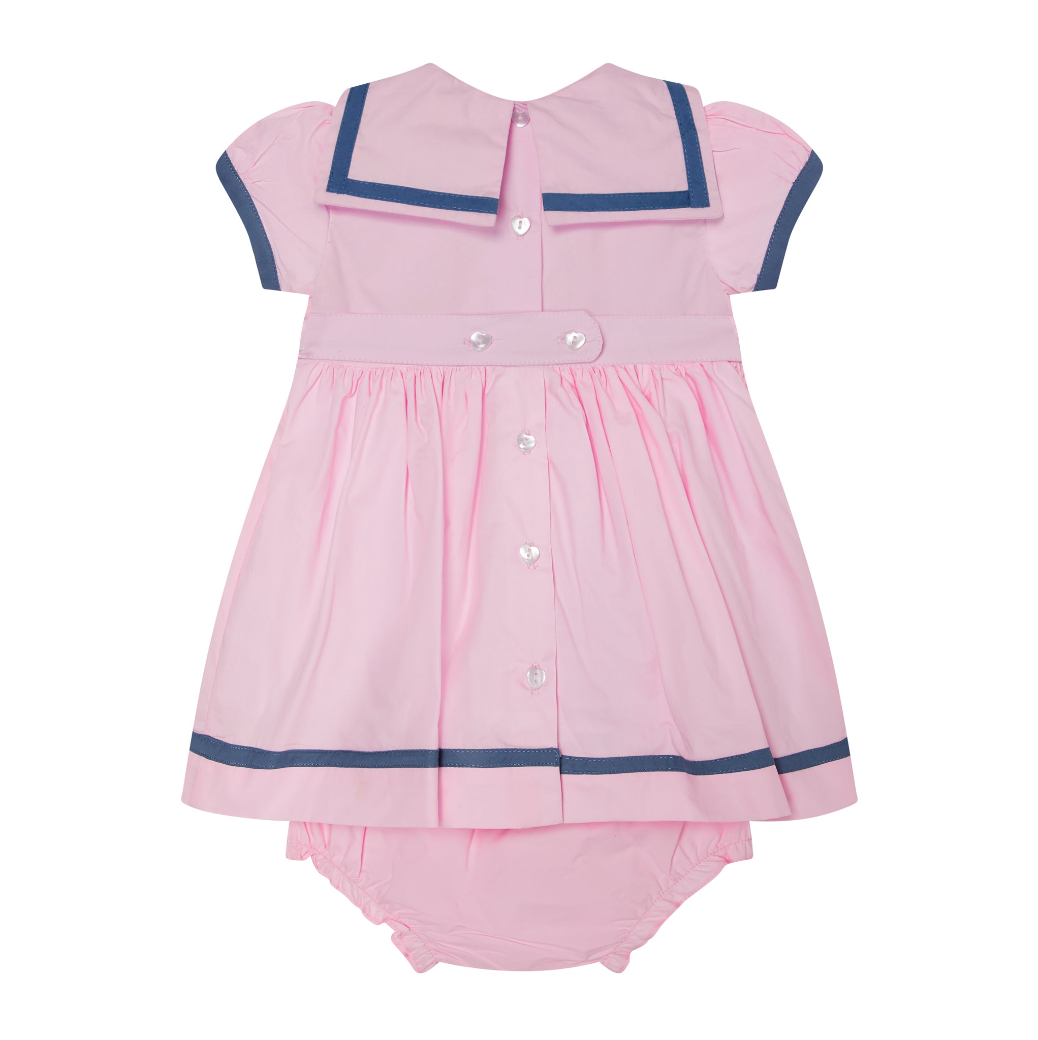 pink baby sailor dress with bloomers, back