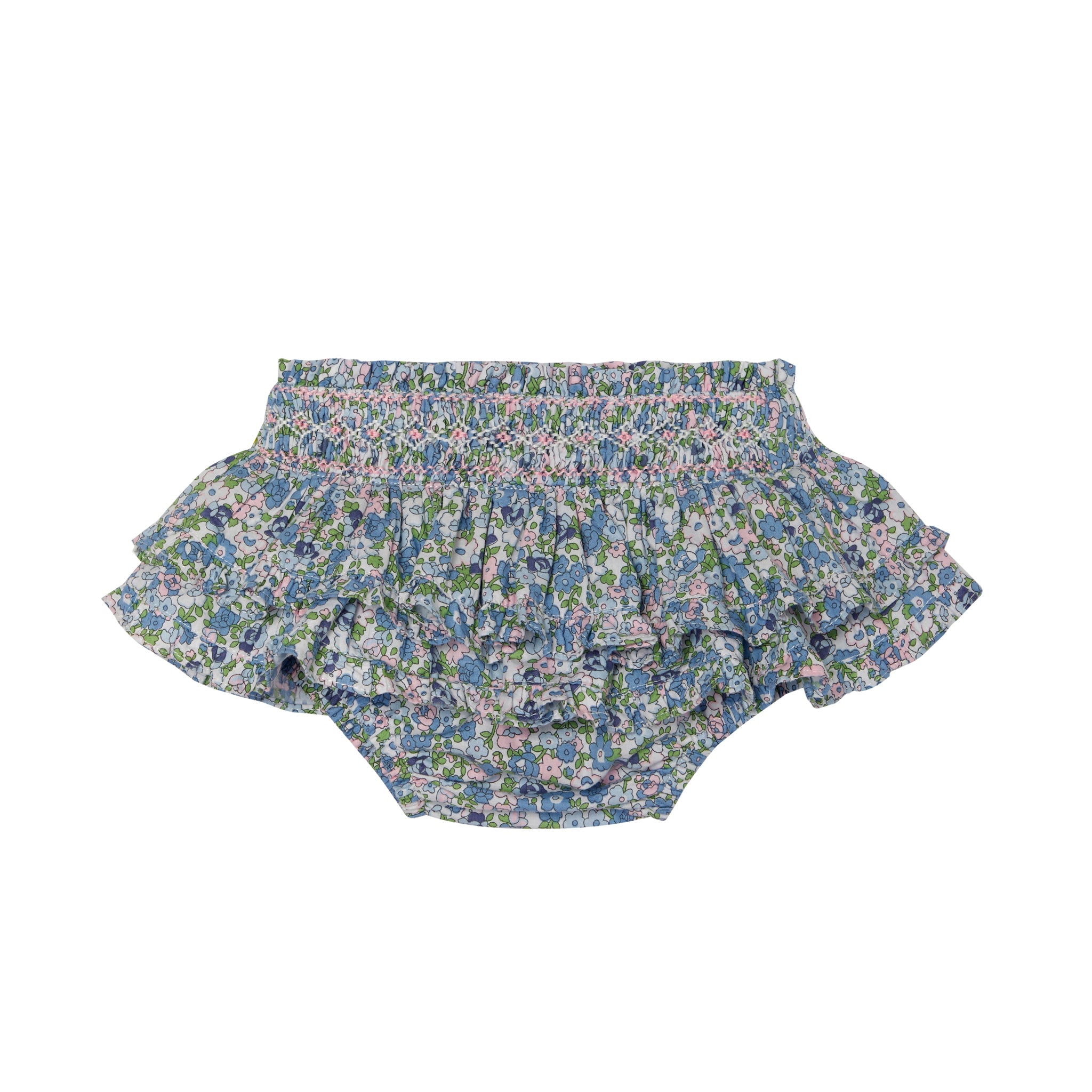 hand-smocked baby skort with floral print and ruffle detail, front