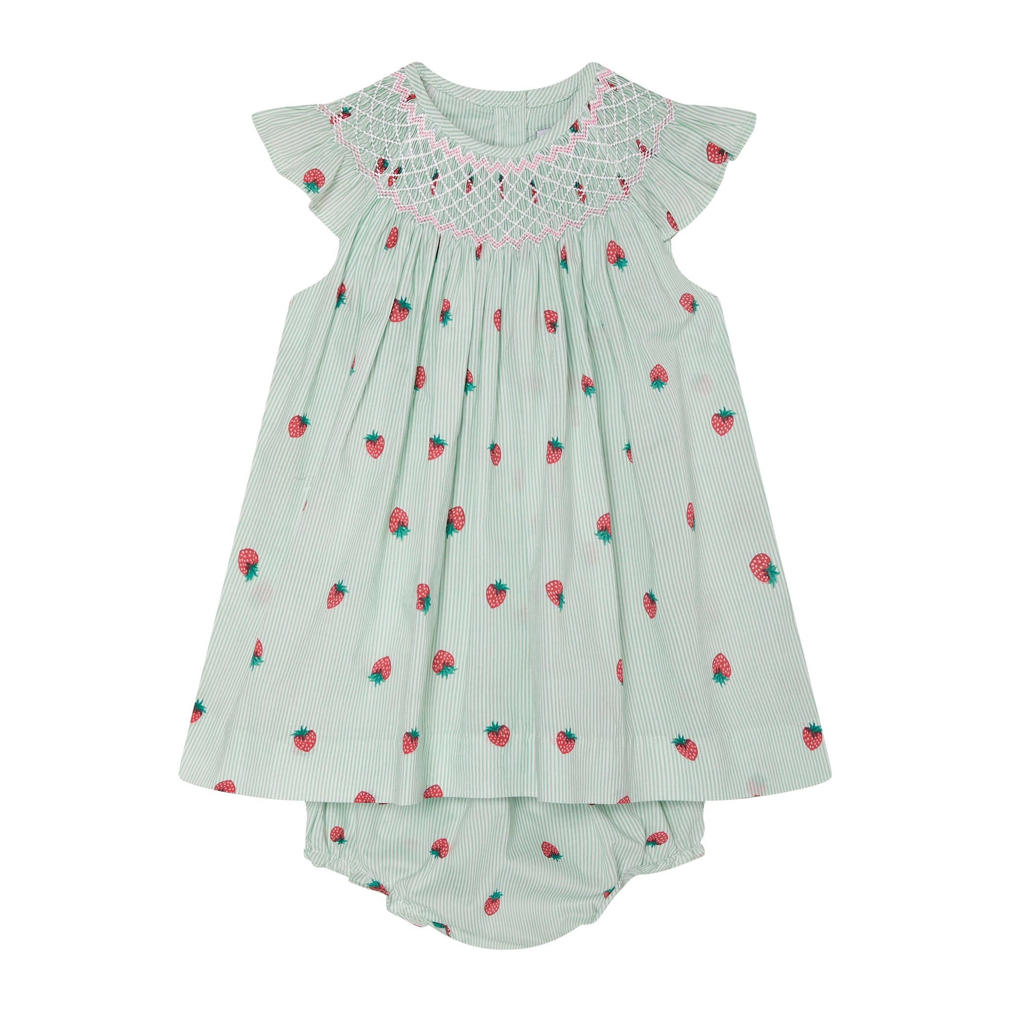 mint and strawberry baby dress, front