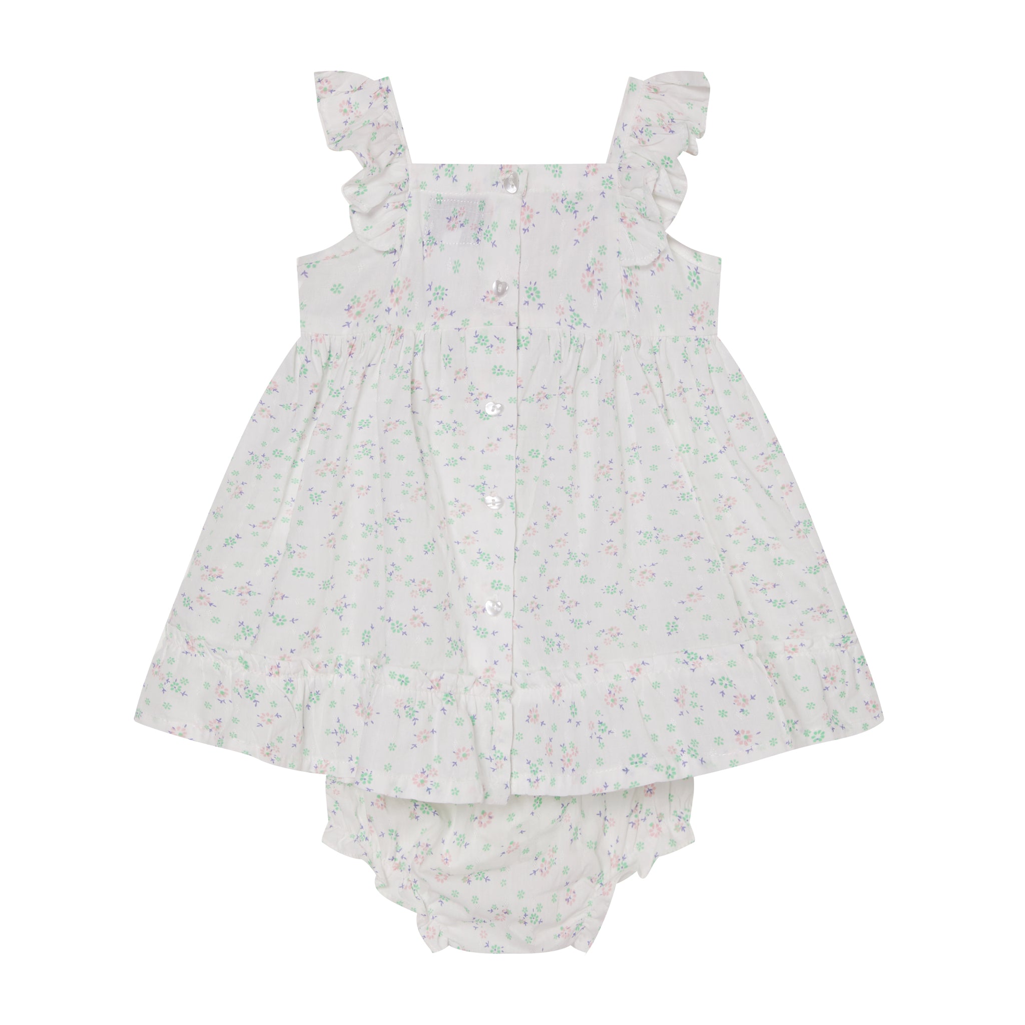 crisp white loral baby dress with smocking, back