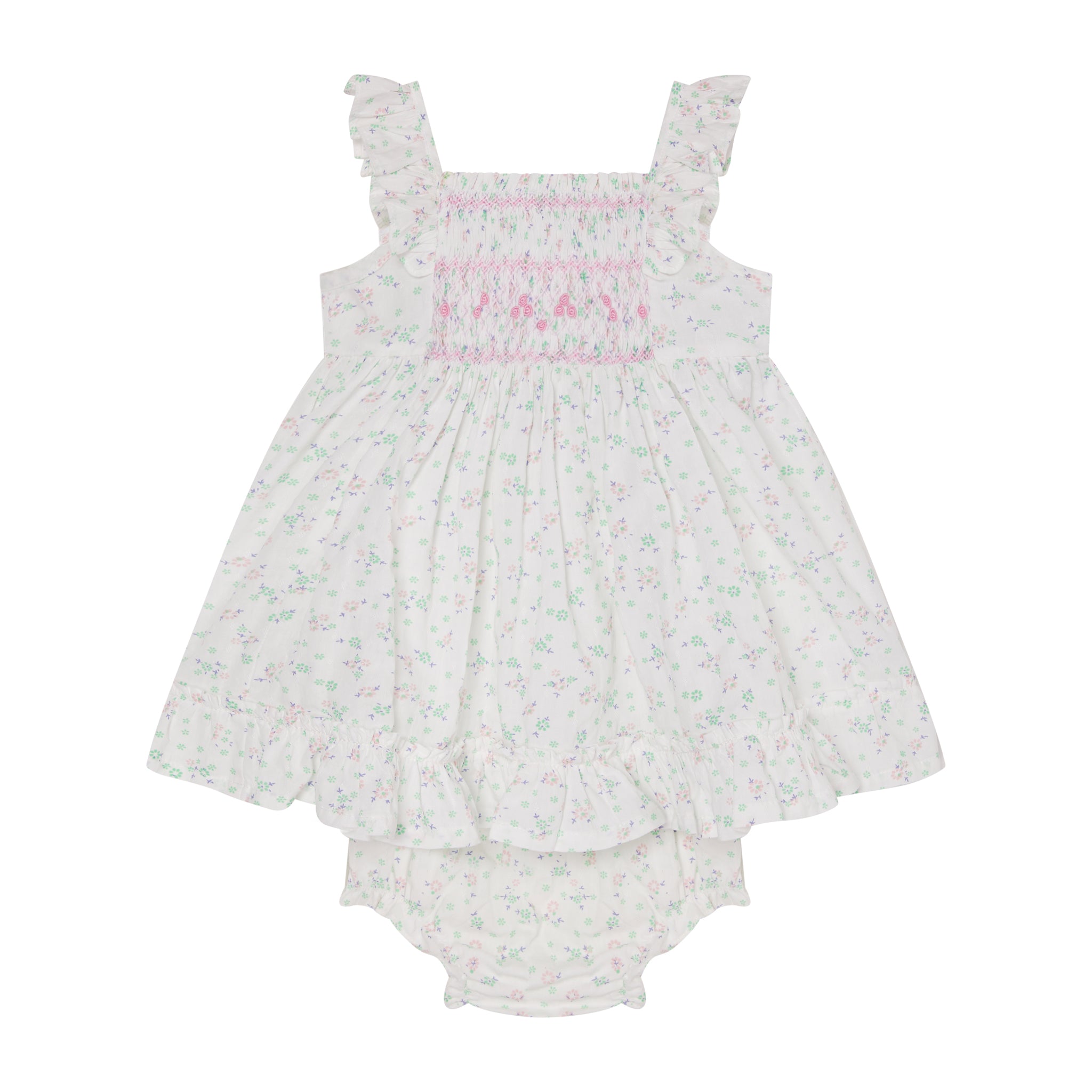 crisp white loral baby dress with smocking, front
