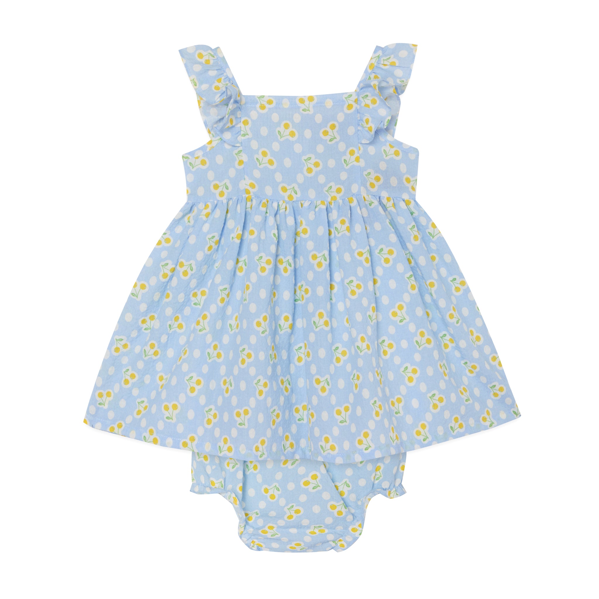 baby sundress made form pale blue cotton with cherry pattern, front